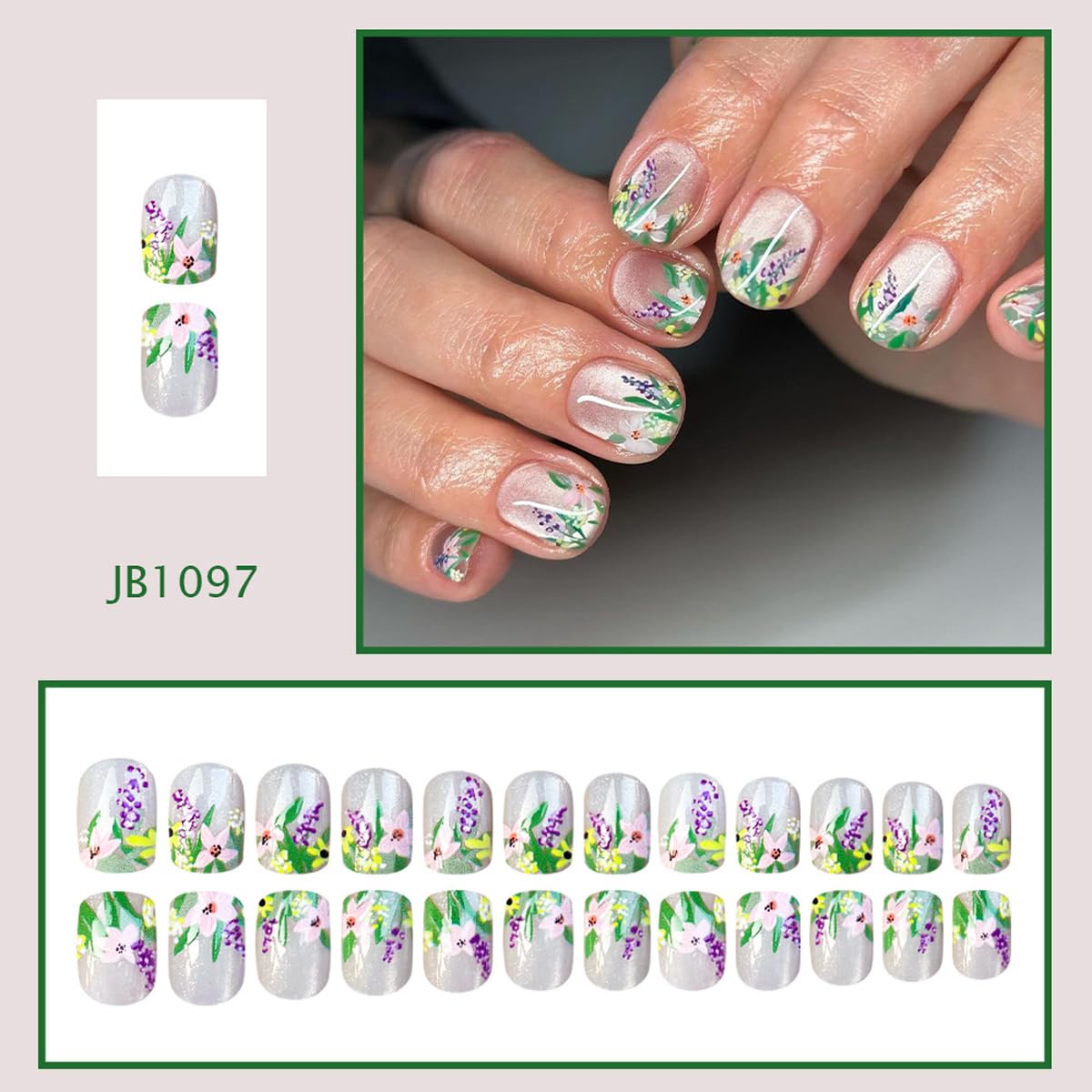 Spring Press on Nails Short Square Fake Nails White Glass Nails Press ons with Wildflower, Lavender Design,Reusable Artificial Nail Full Cover Stick on Nails for Women Manicure 24 Pcs