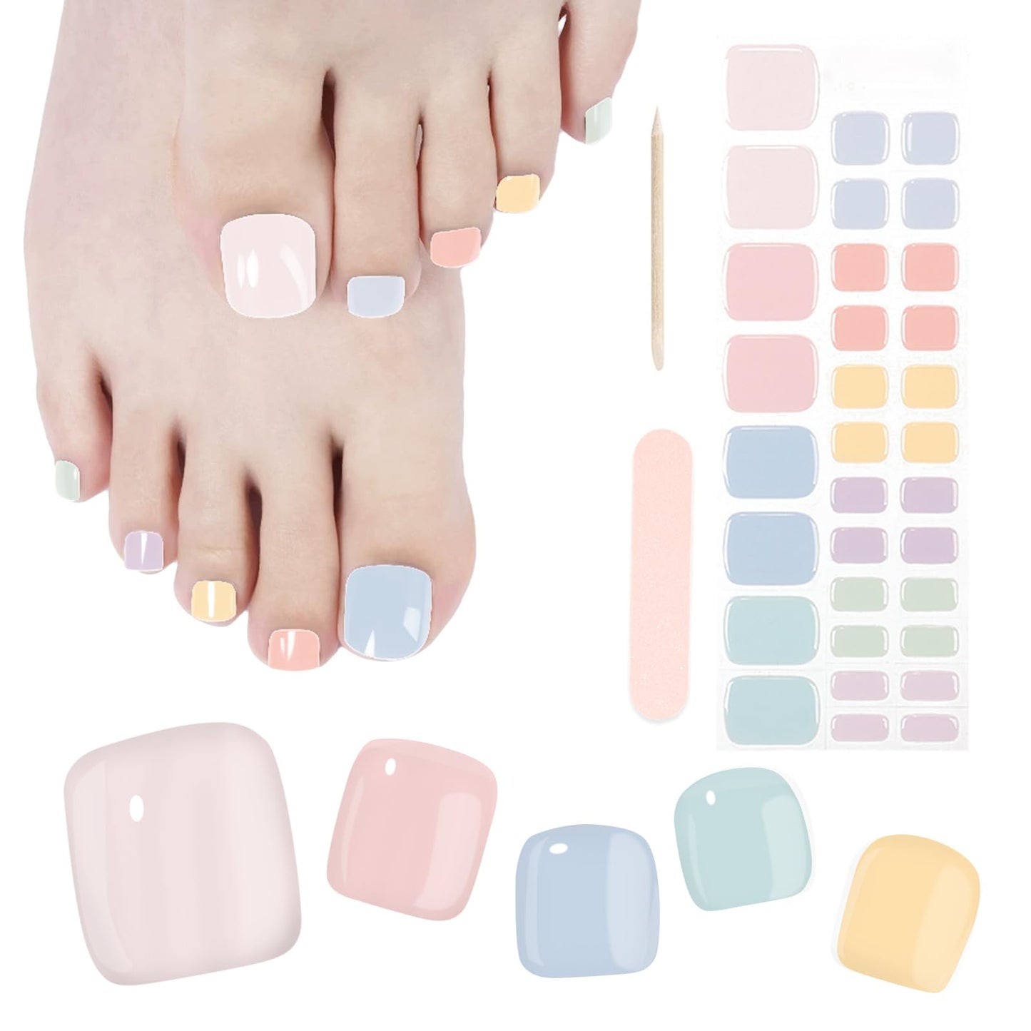SILPECWEE Semi Cured Gel Nail Strips, Toenails Stickers Full Nail Wraps UV Light Required, Salon Quality, Easy to Apply & Remove, Toenail Strips for Women Girl (Candy-Colored Delight - 32PCS)