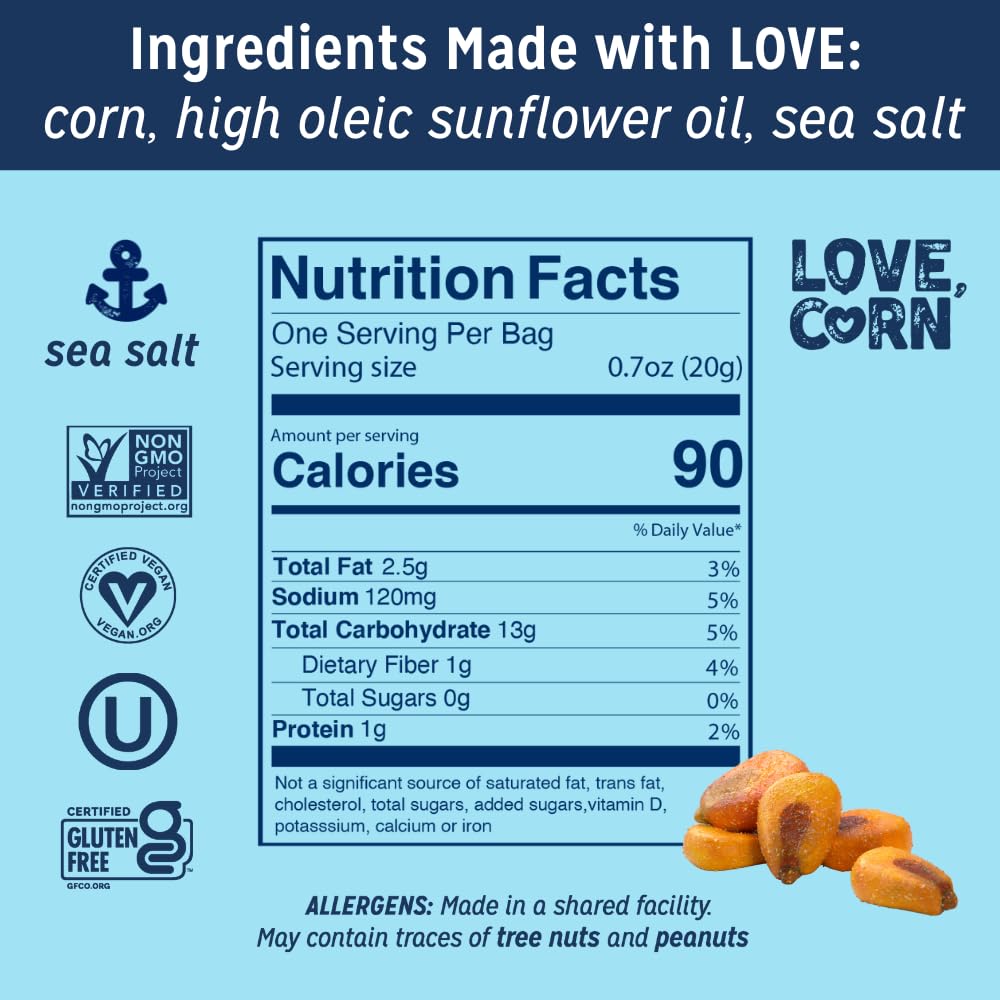 LOVE CORN Sea Salt – Crunchy Roasted Corn Snack, 3 Simple Ingredients, Gluten Free, Non-GMO, Vegan – Alternative to Chips, Nuts & Crackers – Lunchbox, Office & On-the-Go Snacks – 0.7oz × 20 Bags