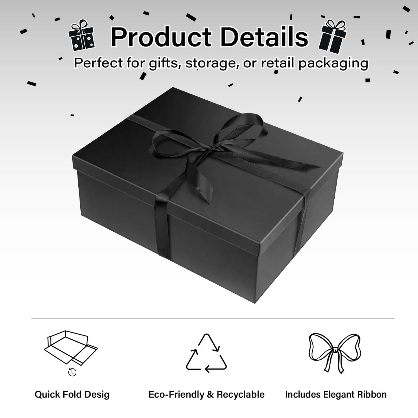 ysmile Black Gift Box with Lid for Present Extra Large Collapsible Gift Box with Filler Paper Ribbon for Birthday Anniversary 16.5x12.5x5.9