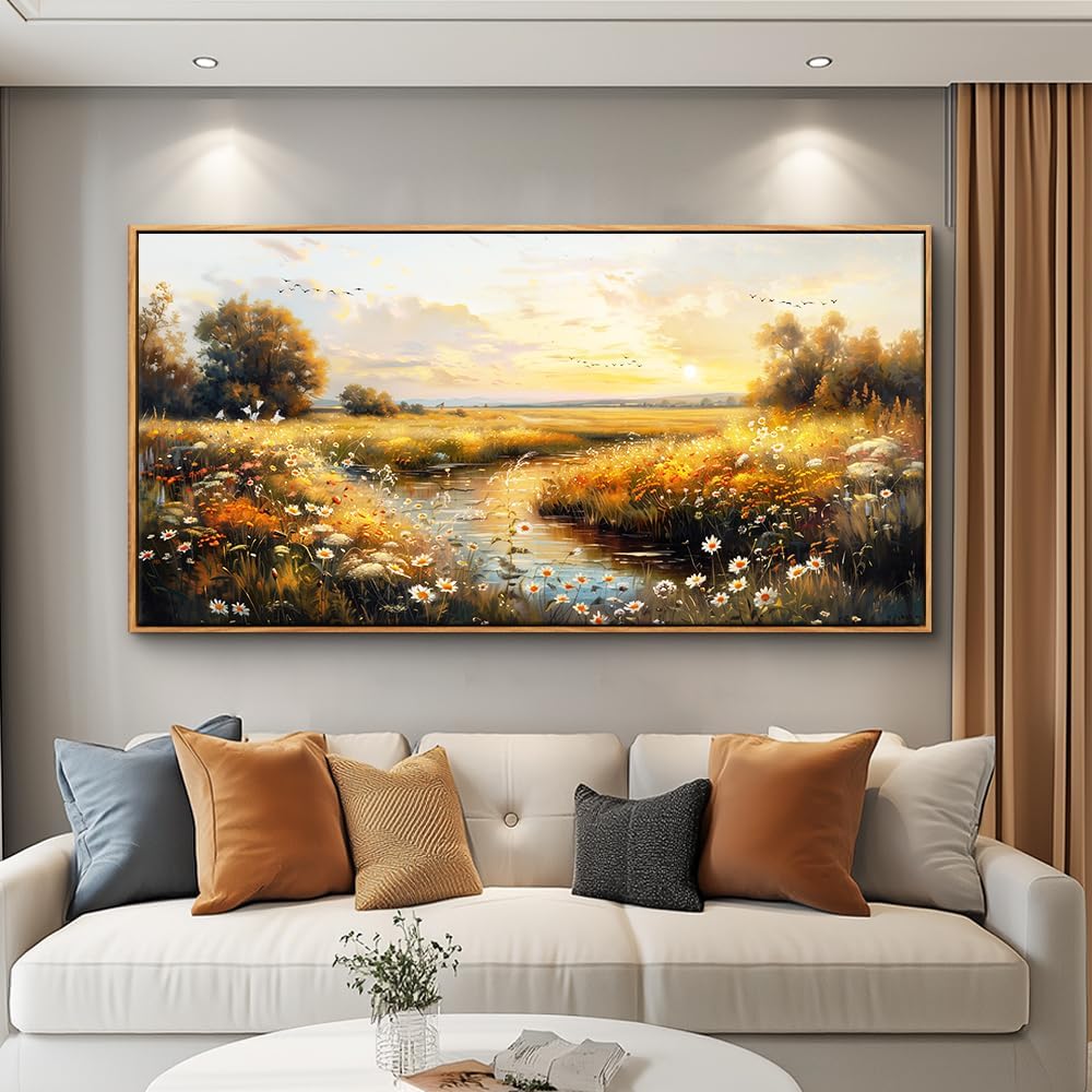 KELIYUAN Large Canvas Wall Art For Living Room Wall Decor For Bedroom Pastoral Landscape Painting Farmhouse Painting Office Restaurant Wall Pictures Artwork Ready To Hang Wood Framed 24"X48"