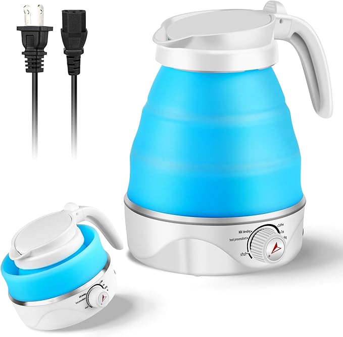 Portable Electric Travel Kettle, 600ml Collapsible Silicone Kettle with Temperature Adjustment Function for Camping, Hotels and Travel (BLUE)