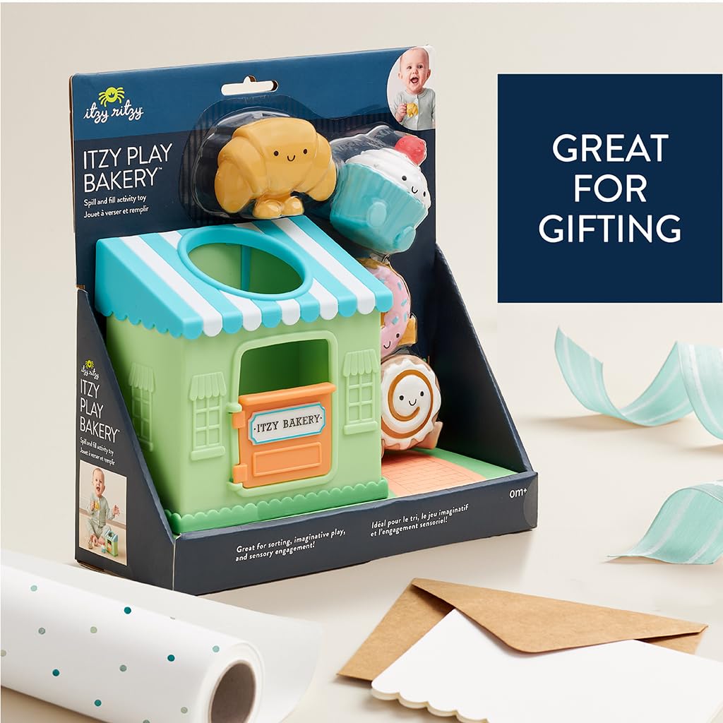Itzy Ritzy Put & Take Activity Toy – Spill & Fill Includes 4 Squeezable Pieces for Infants & Toddlers – Great for Sorting, Imaginative Play & Sensory Engagement (Bakery)