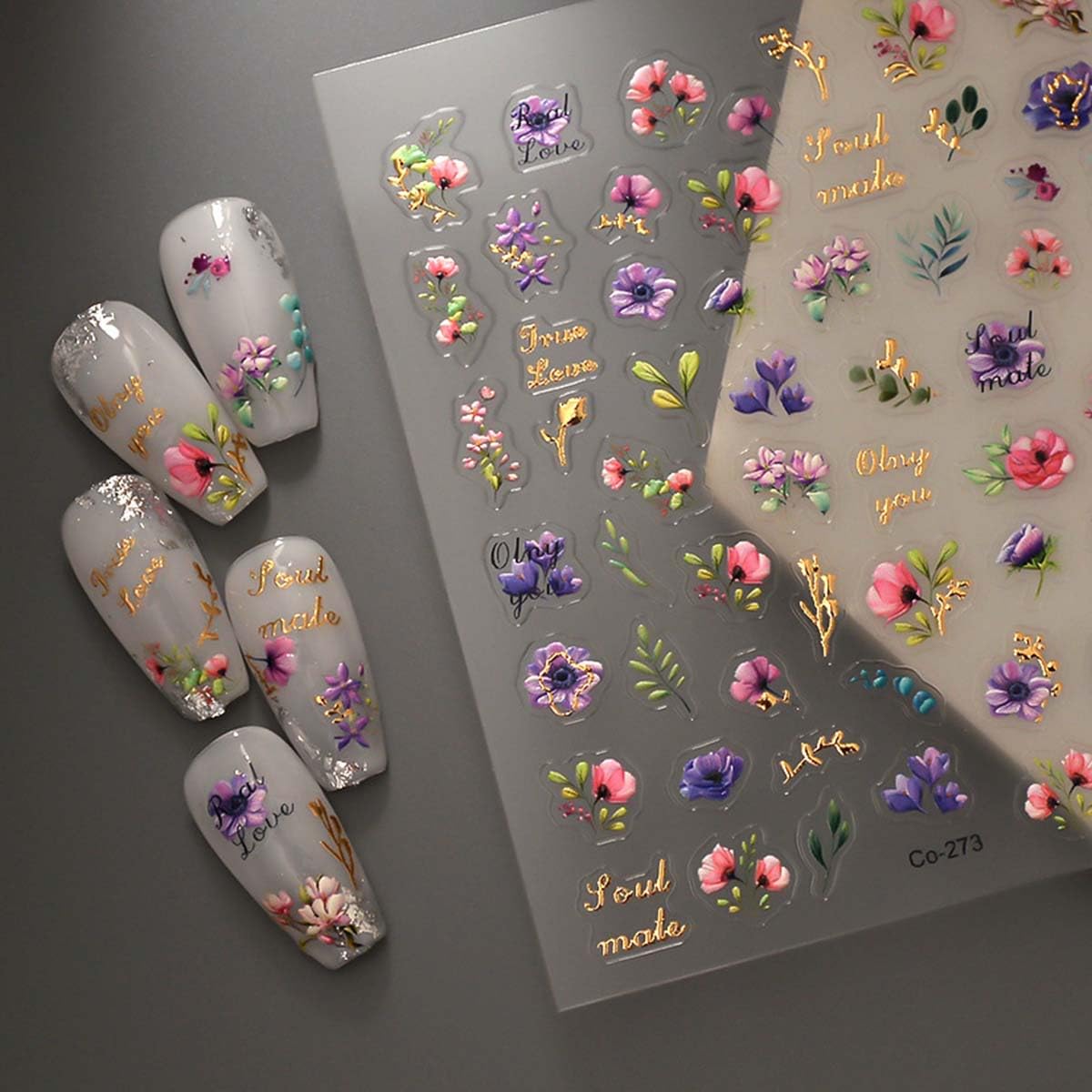 HPYFOI 5D Embossed Floral Nail Stickers, Self-Adhesive Vinyl, Style-34, Botanical Theme, 1 Sheet, Rectangular, Indoor Use, Nail Art Stickers & Decals