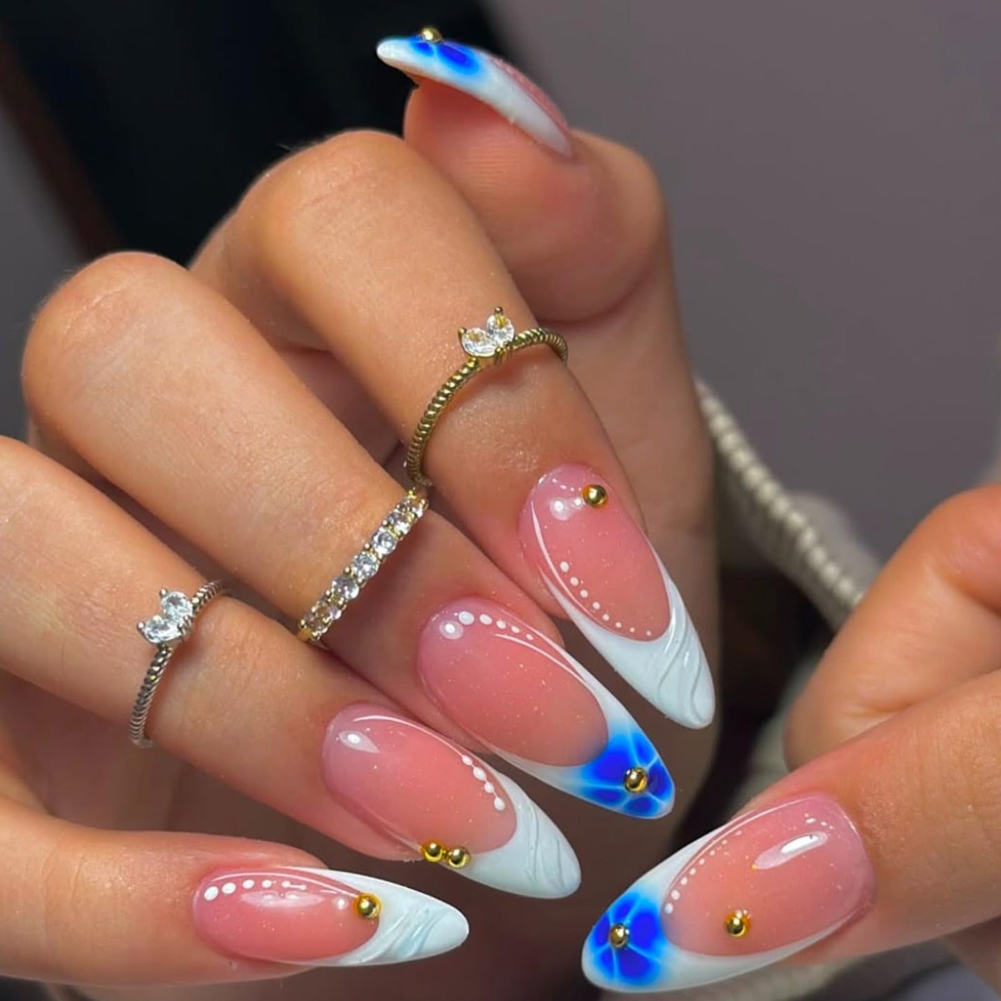 Medium Press on Nails Almond Fake Nails BlueFalse Nails French Artificial Nails with Floral Designs Summer Handmade Nails Stick on Nails for Women 24pcs
