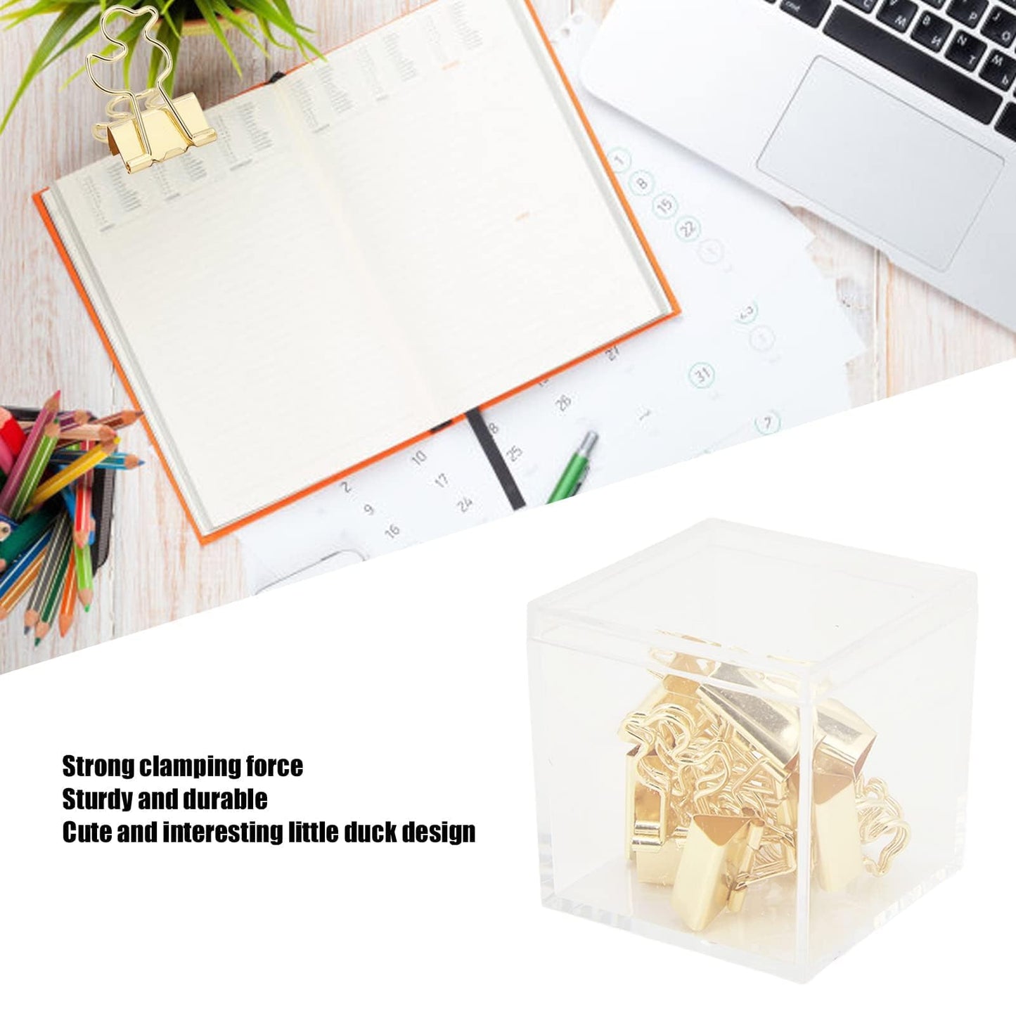Mini Binder Clips, 20PCS Gold Binder Paper Clips Small Decorative Binder Clips Duck Shaped Binderclips with Storage Box for Planner, Office Desk Supplies