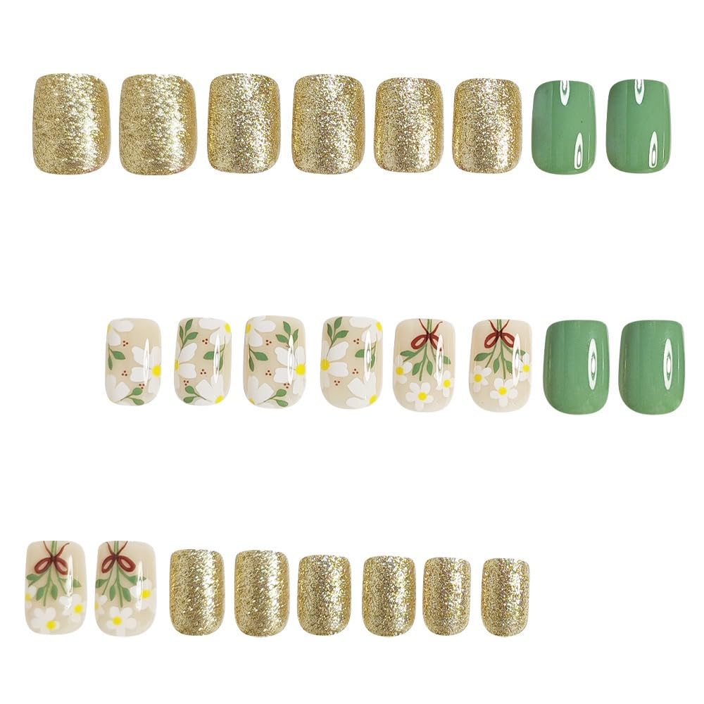 Short Press on Nails Square - Green Fake Nails with Flower Design - Spring, Glitter Full Cover Stick on False Nails for Women - 24 Pcs