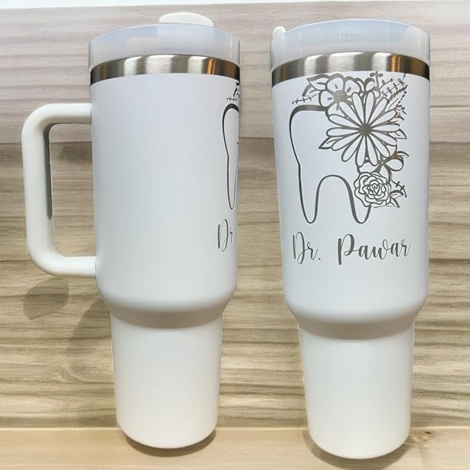 Dental hyginiest tumbler 40oz tumbler Tooth tumbler Dental water bottle Gift for dentist Gift for dental hyginiest Office gift (White(3)-floral tooth(A22- Personalized))