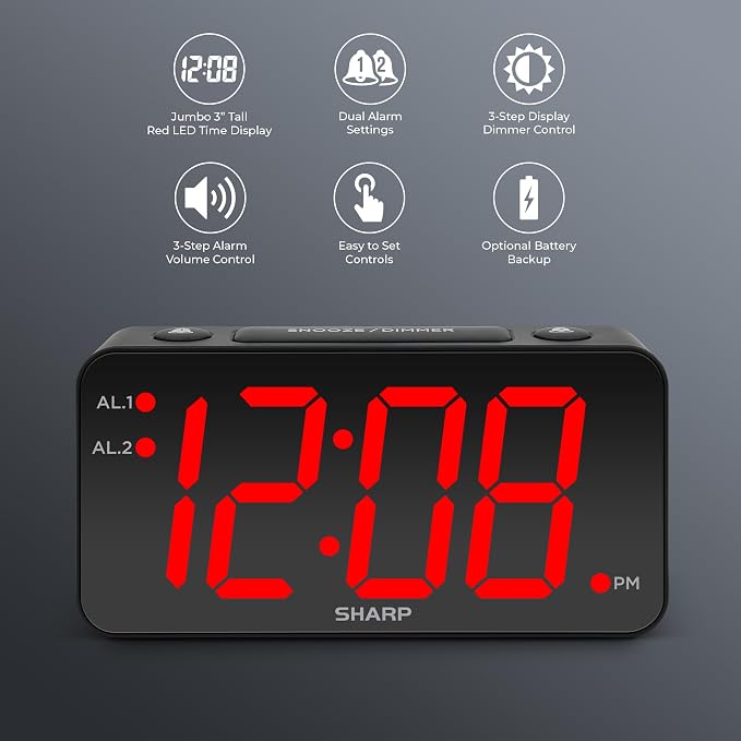 Sharp Digital Alarm Clock, 3" Jumbo Red LED, Dual Alarm, Battery Backup