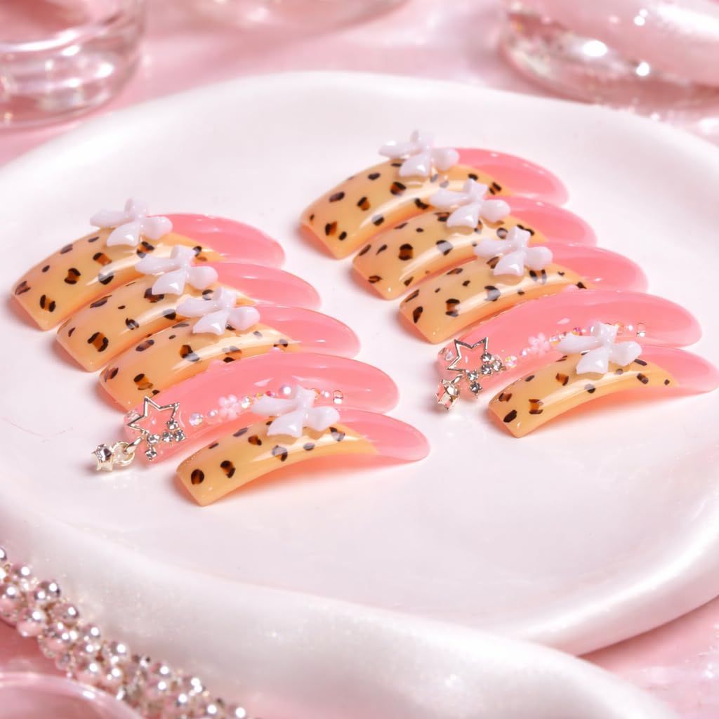 IntoVibes 10 Pieces Handmade Luxury Long Press On Nails With Curved Design, Bowknot And Leopard Prints, Pink Thickened False Nails, Reusable Fake Nails, Square Acrylic Nails (L)