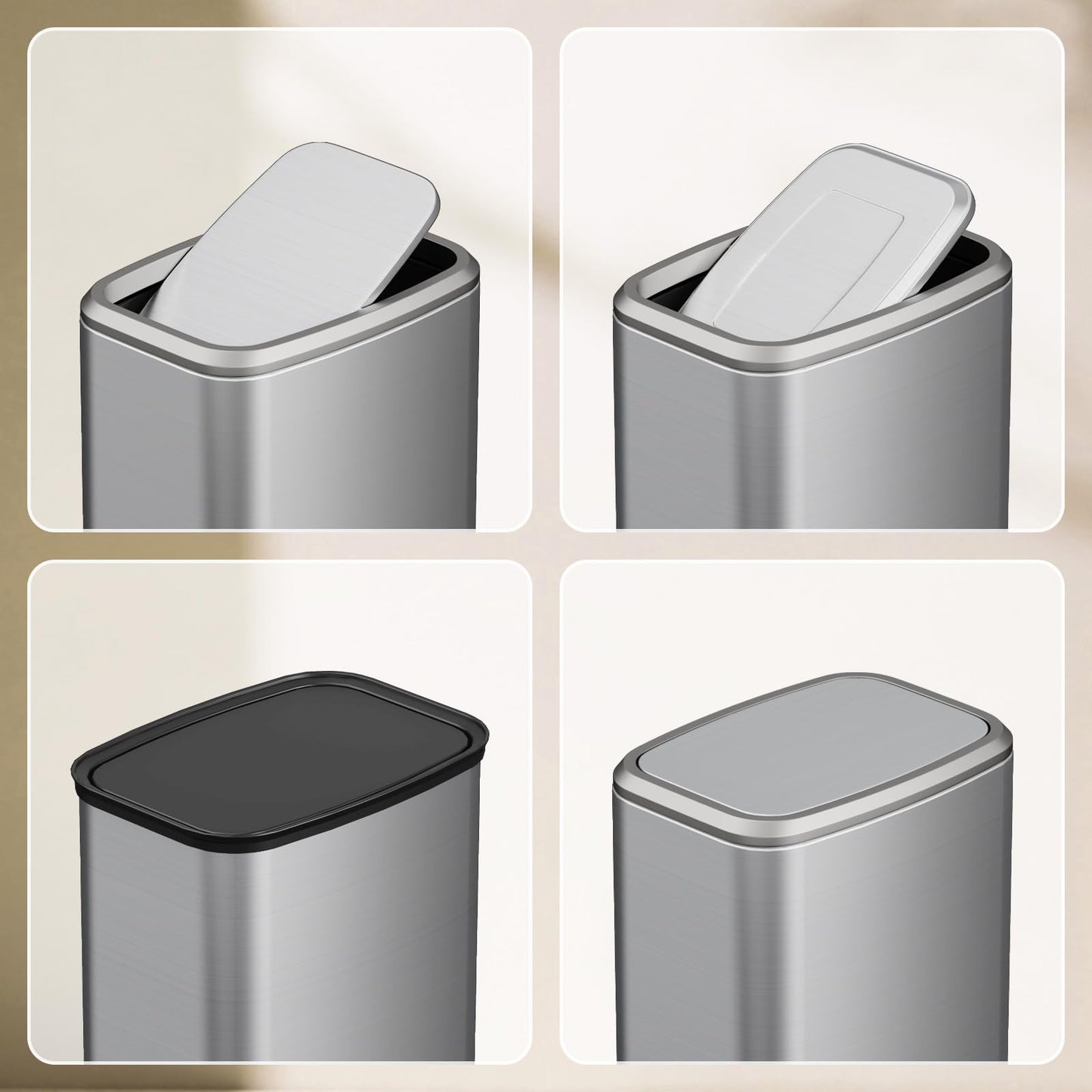 KHMMGK 8L/2.1 Gal Small Bathroom Trash Can with Lid, Swing-Top Rectangular Waste Bin, Stainless Steel Garbage Can for Home, Office, Toilet, Bedroom, Living Room (Silver)