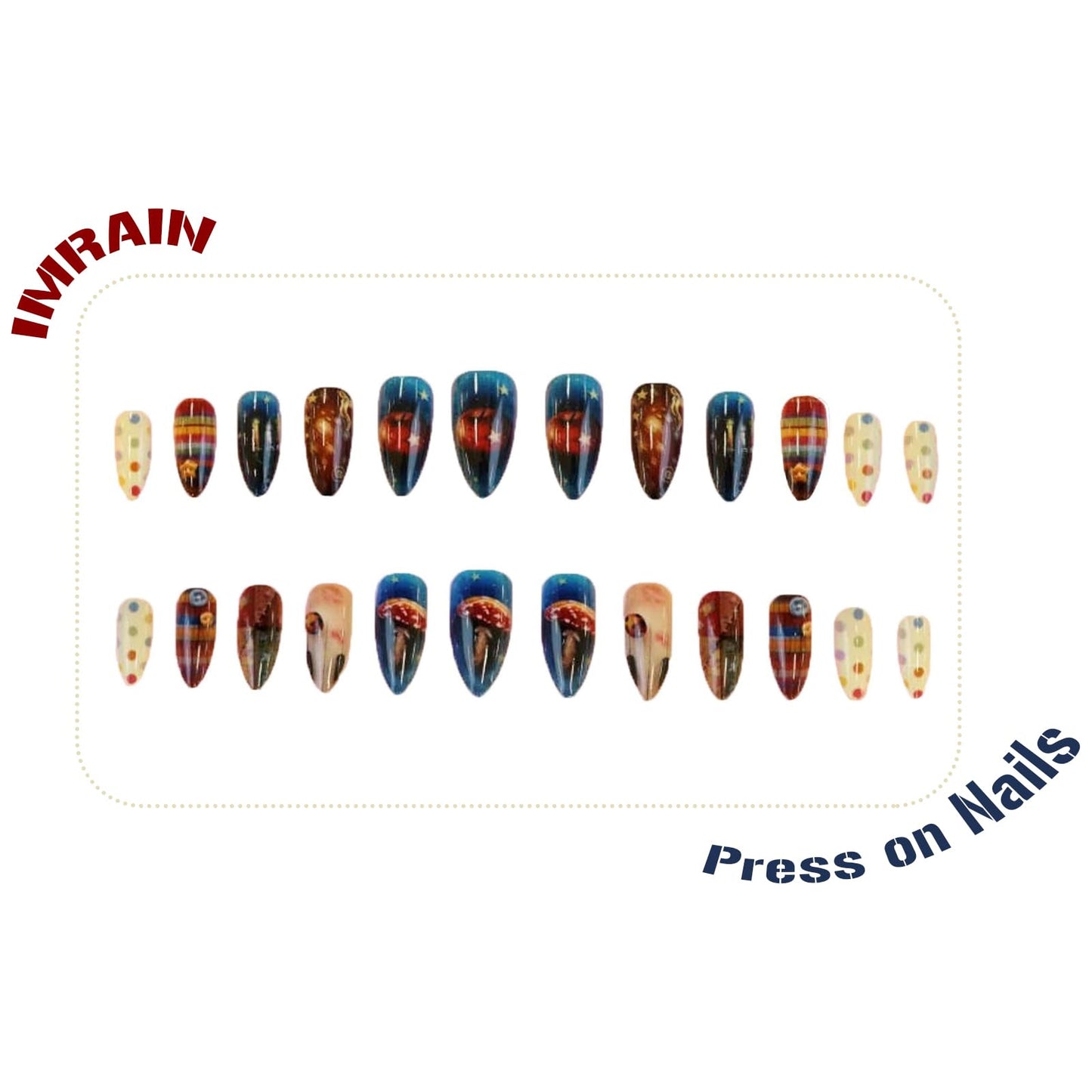 IMRAIN Press on Nails - Medium Almond Fake Nails | Polka Dot, Star, Cute Pattern Designs Full Cover Blue Brown Glue on Nails Glossy False Nails for Women Girls 24Pcs