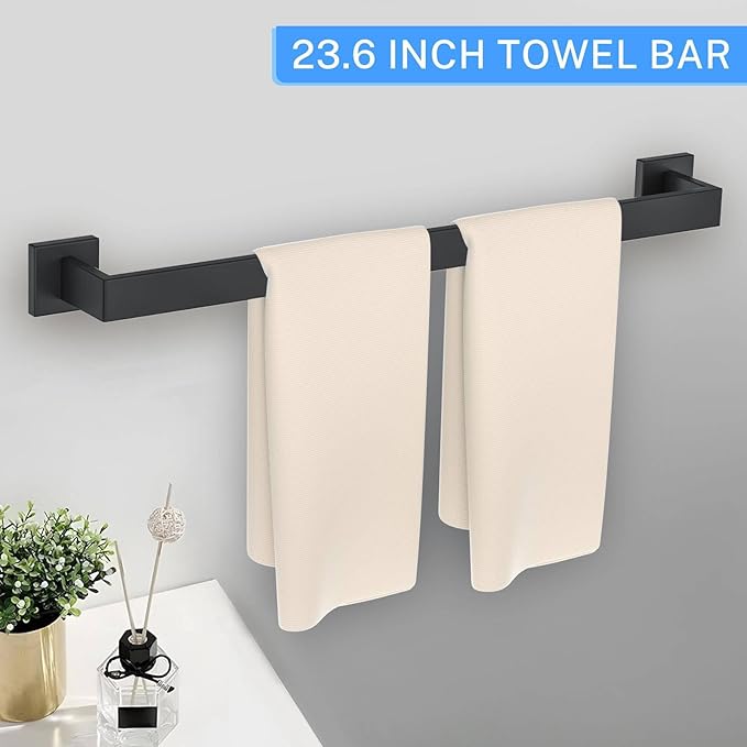 5 Pieces Towel Bar Set Matte Black Bathroom Hardware Accessories Set Include Towel Rack TP Holder Towel Ring Coat Hooks Stainless Steel Wall Mounted Towel Holder Set for Bathroom,23.6 in