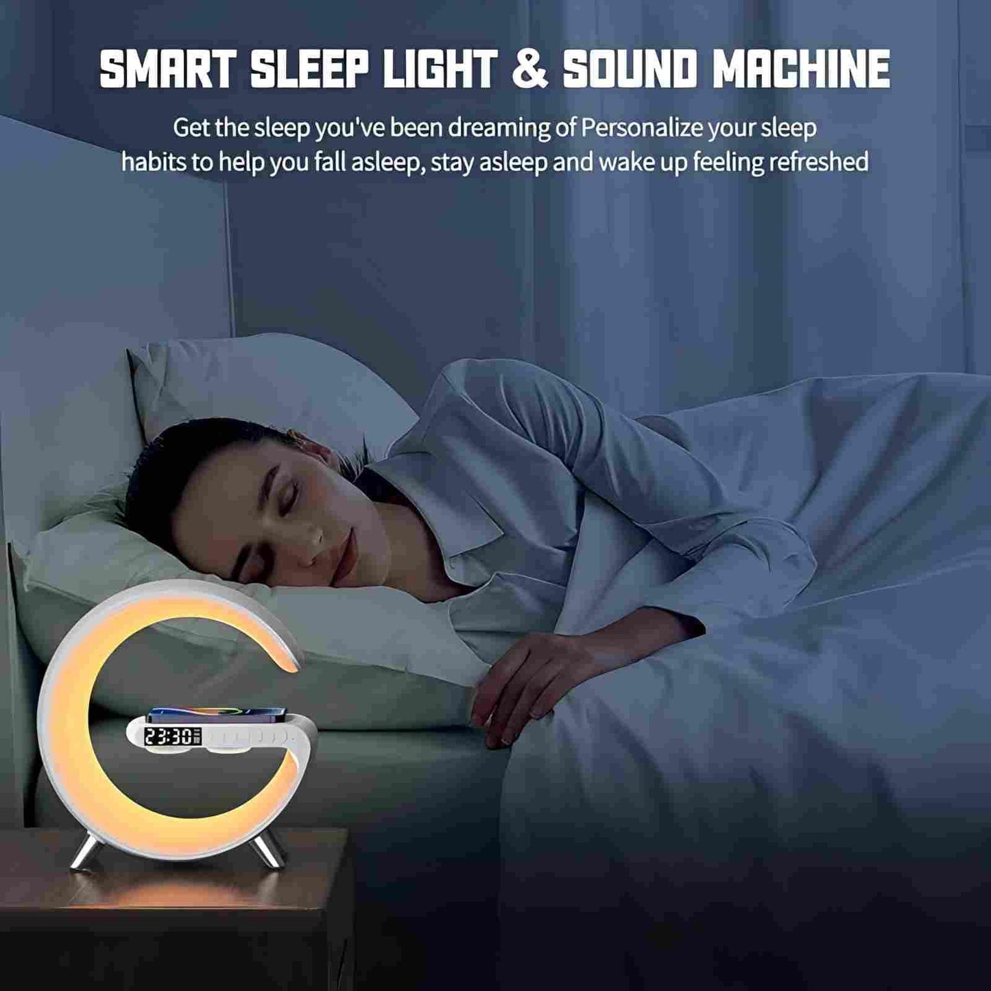 BKDRL Bluetooth Speaker Lamp with Wireless Charger, RGB Night Light, Alarm Clock, App Control - White