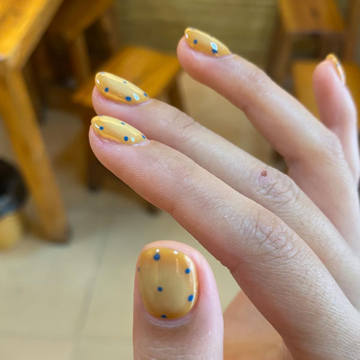 Polka Dot Press on Nails Short Square Fake Nails Summer Yellow Nails Press ons with Blue Dots Design,Reusable Artificial Nail Full Cover Stick on Nails for Women Manicure 24 Pcs