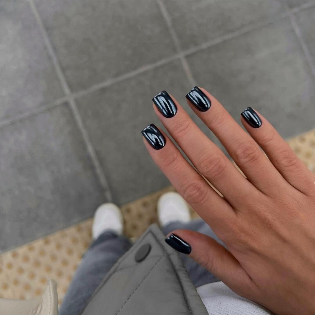 KQueenest Black Chrome Square Press on Nails Short, Mirror Metallic False Acrylic Nails Press Ons, Glitter Fake Nails Short Coffin, Bling Stick on Nails for Women in 24 Pcs