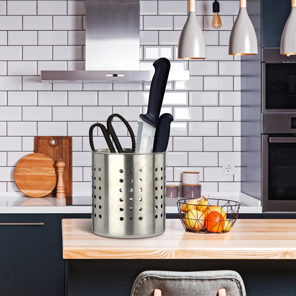Saiveina Stainless Steel Utensil Holder Kitchen Holder Restaurant Cooking Utensil Holder for Forks Spatula, 5.3'' x 5.1" Round Utensil Organizer