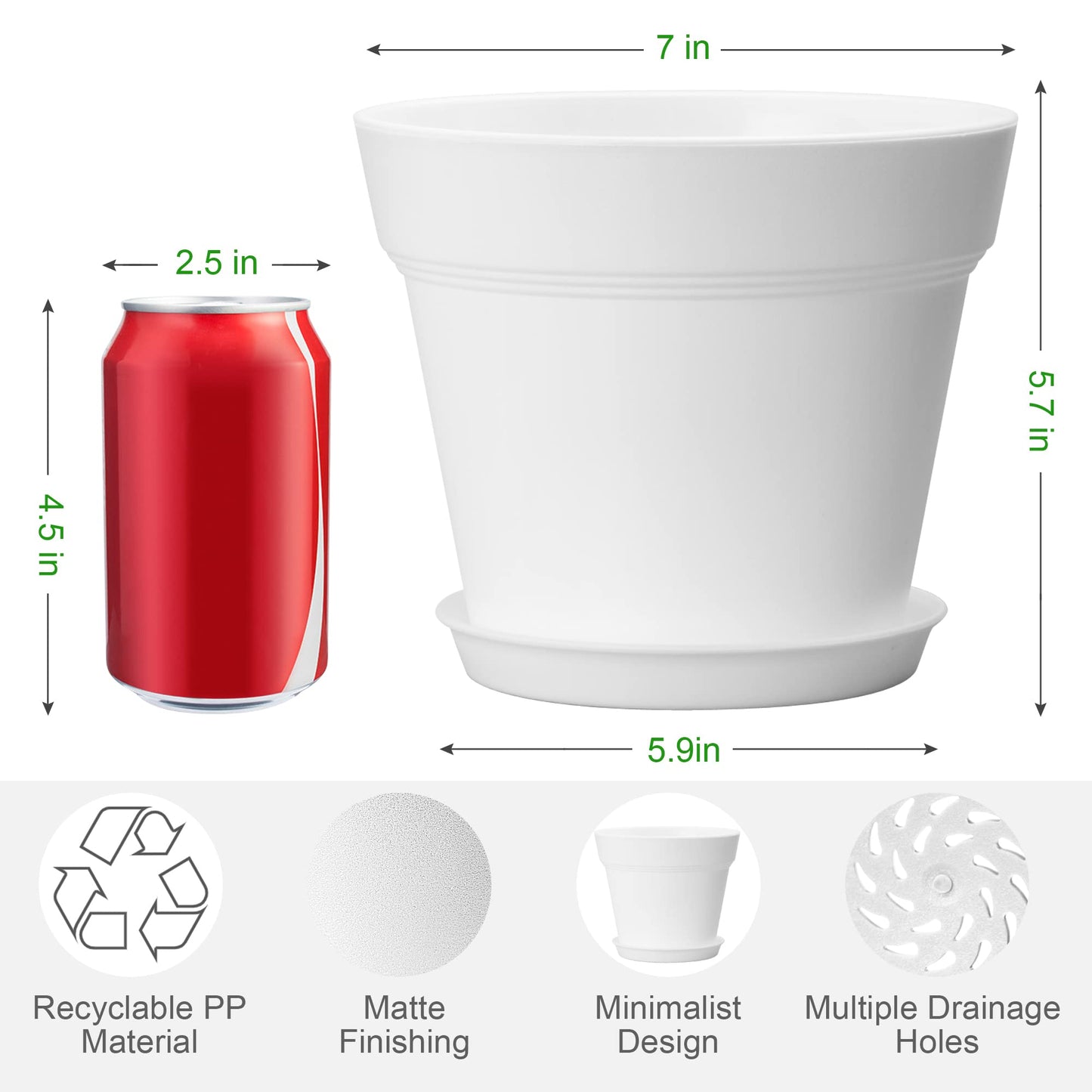 FHWTY 6 Pack 7in Plastic Plant Pots Black & 6 Pack 7in Plastic Plant Pots White
