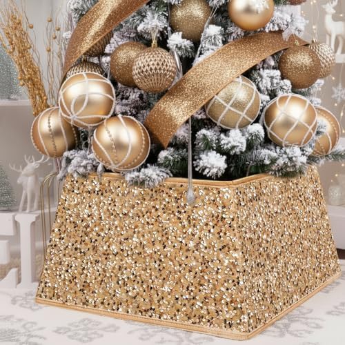 XmasExp Christmas Tree Collar, 24 inch Sequin Tree Skirt Stand Base Cover for Home Decor, Medium Size 4 Piece, Champagne Gold