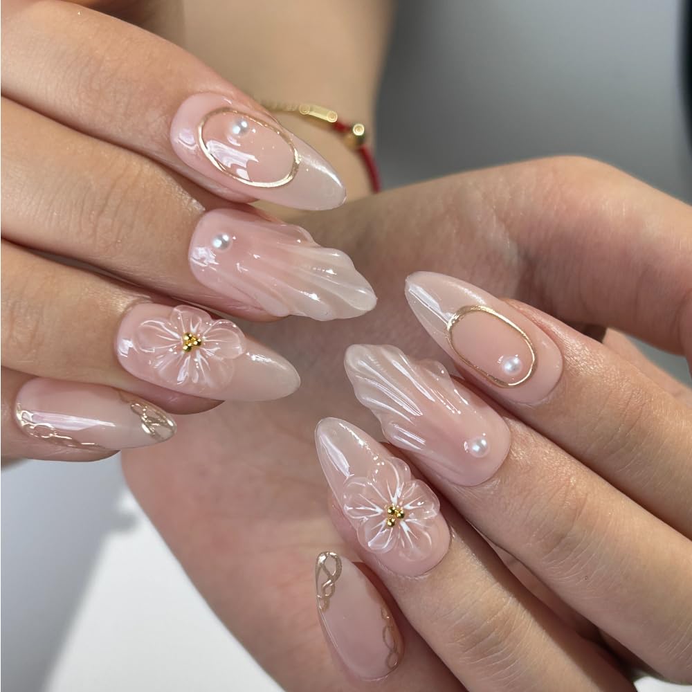 Handmade Acrylic Press On Nails Almond, Simple False Nails For Women, Reusable ABS Material Fake Nails, 10 Pcs Medium Almond Stick On Fingernail, DIY Art At Home with Nails Set (Size M)