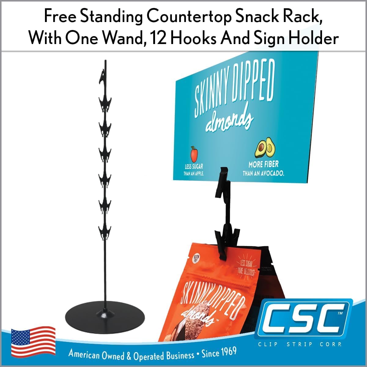 Chip Rack Display Stand, Chip Bag Holder for Stores, Party, Display, Concession Stand, 23.75" H, Black, 12 Clips, Countertop Snack Hanger, Snack Retail Display Rack
