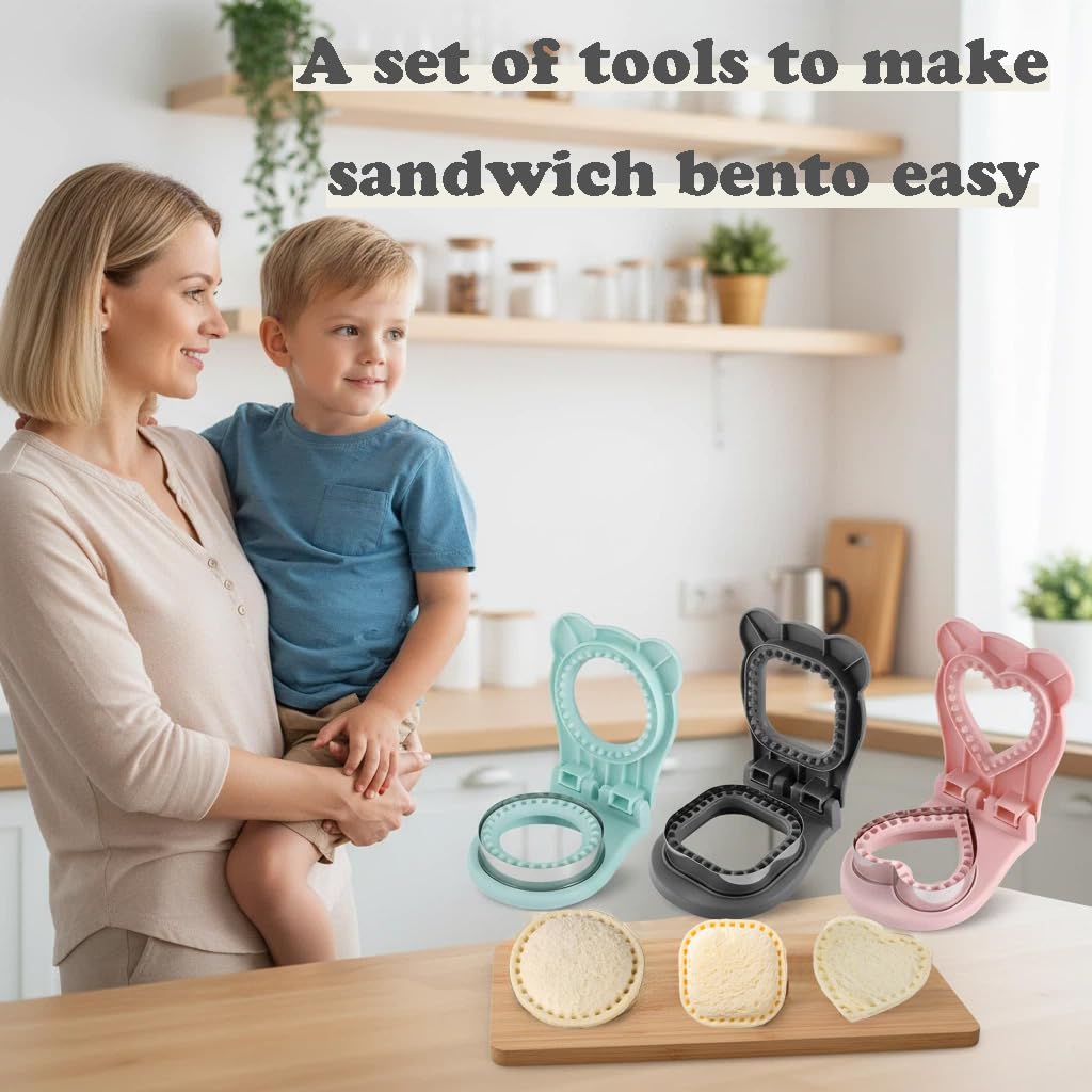 Sandwich Cutter and Sealer Set, 3 Pack Crustless Sandwich Maker for Kids Lunch, Dishwasher Safe PB&J Press Tool, Pink Heart, Blue Round, Grey Square