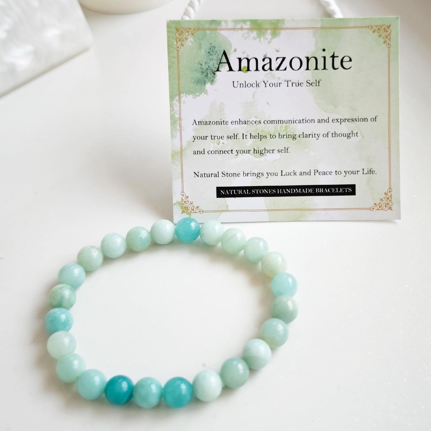 Handmade Natural Gemstone Elastic Bracelet - Healing Crystal Beads Jewelry, Unisex (Amazonite, 8mm)