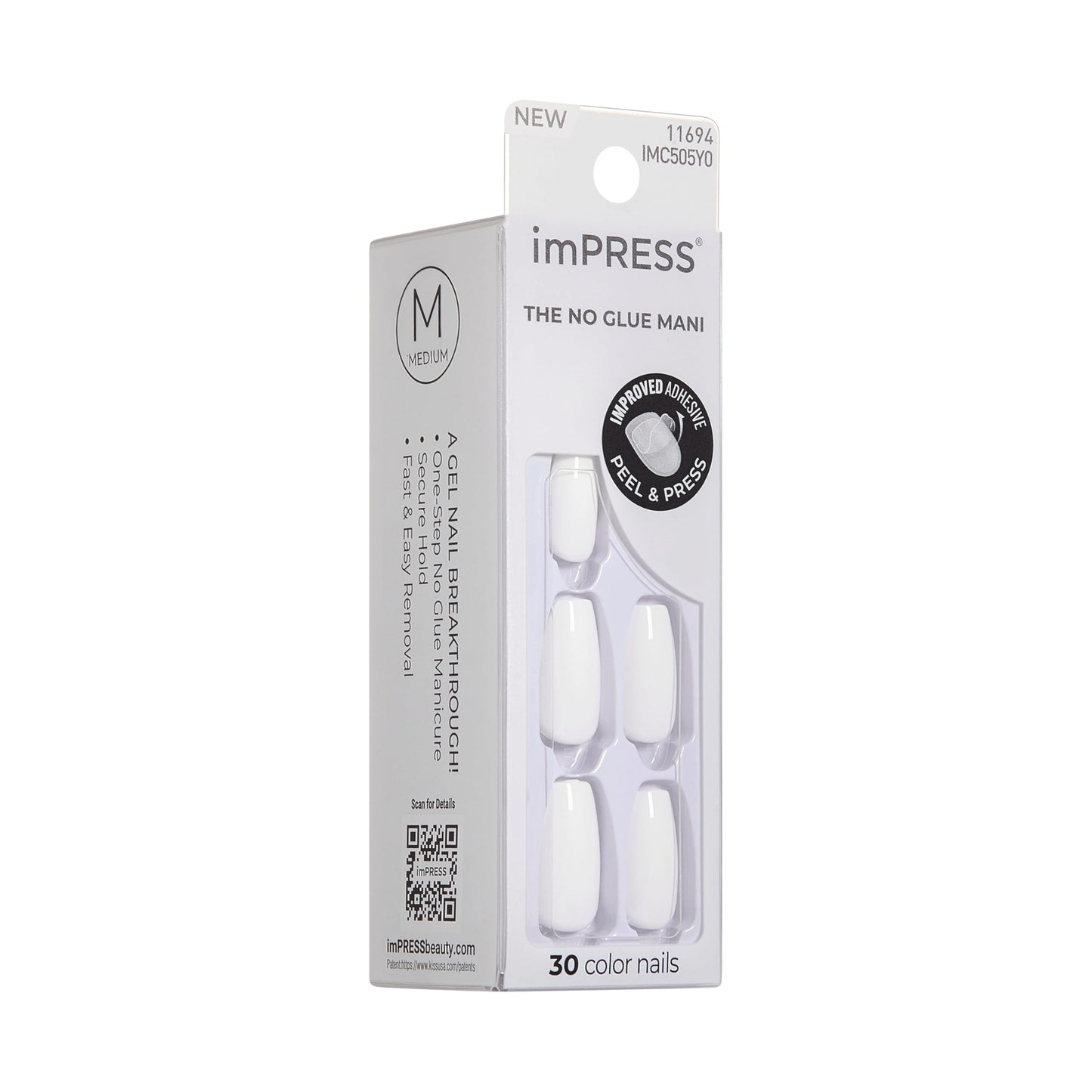 KISS Impress No Glue Mani 30 Pcs Press on Nails, Medium Coffin False Nails, Solid Pure White Stick on Extensions, Peel & Press Easy Apply, Hassle-Free Removal, Includes Manicure Stick, Prep Pad & File