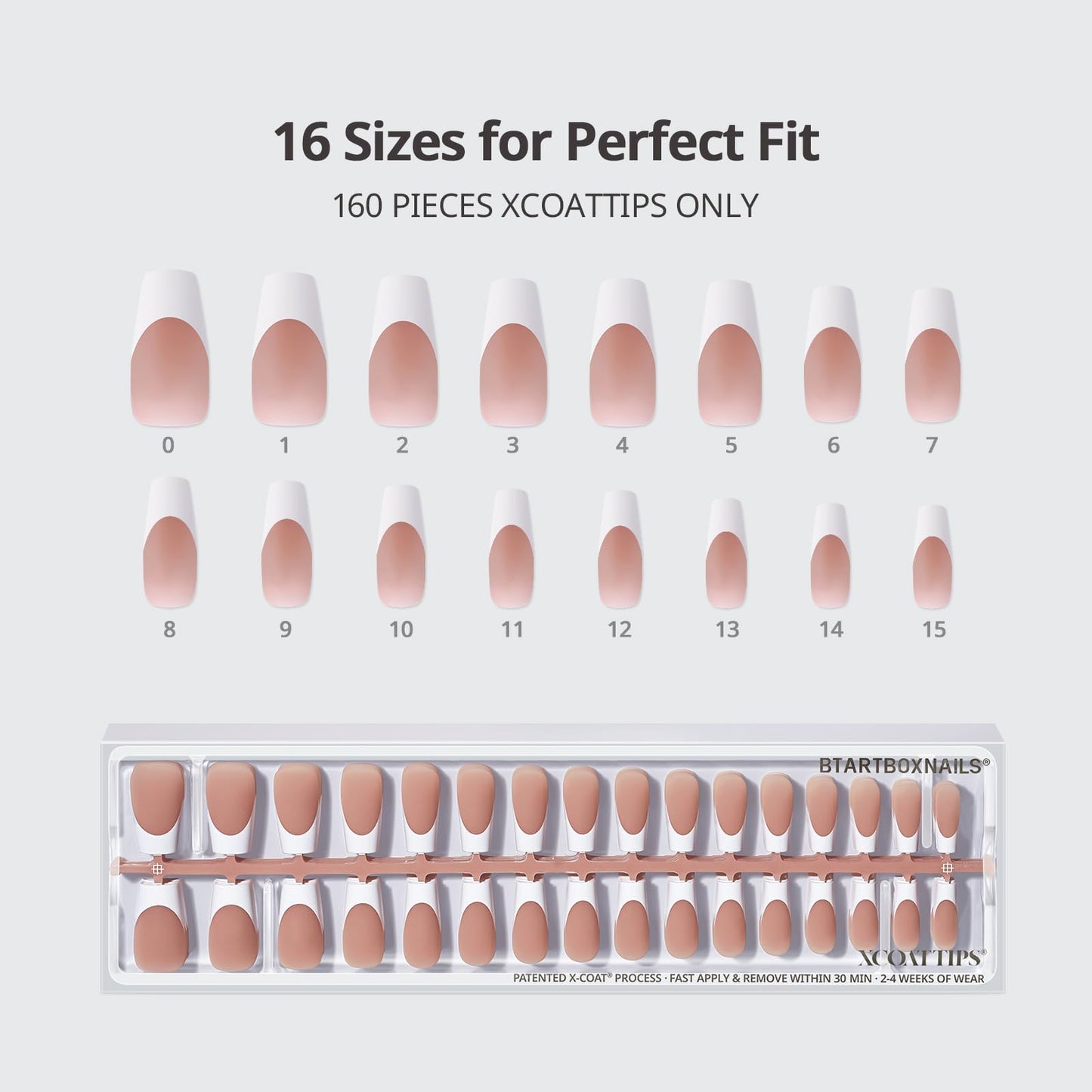 BTArtboxnails XCOATTIPS French Tip Press on Nails - 4-Week Wear Medium Coffin Nail Tips, Easy to Apply, Soak Off, Salon Quality Value at Home, 16 Sizes - 160 Pcs