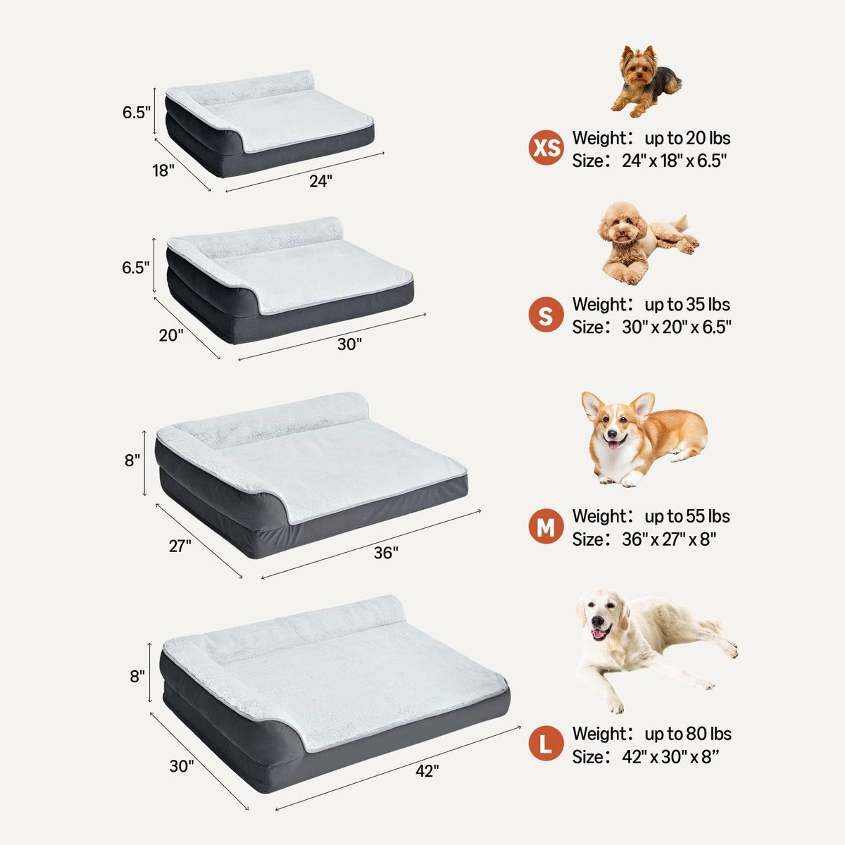 Washable Orthopedic Dog Bed for Large Dogs, Anti-Slip Pet Sofa Bed for Indoor Dogs, Crate Bed, 42 Inches, Gray, Large