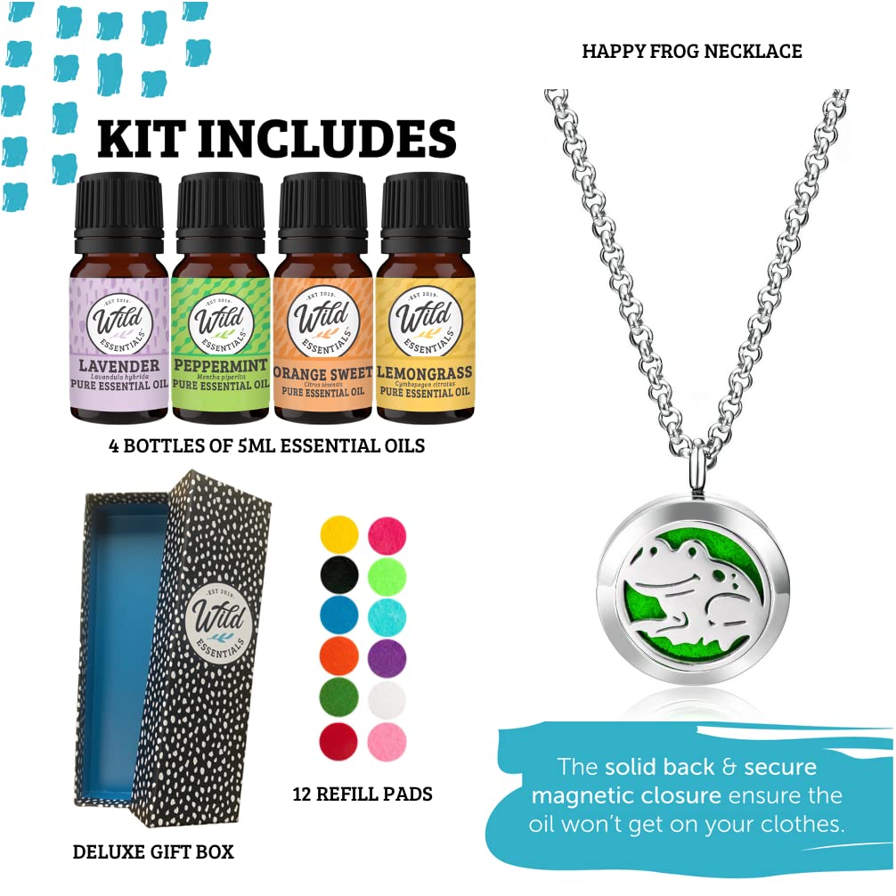 Wild Essentials Happy Frog Necklace Essential Oil Diffuser Kit with Lavender, Lemongrass, Peppermint, Orange Oils, 12 Refill Pads, Calming Aromatherapy Gift Set, Customizable Color Changing, Perfume