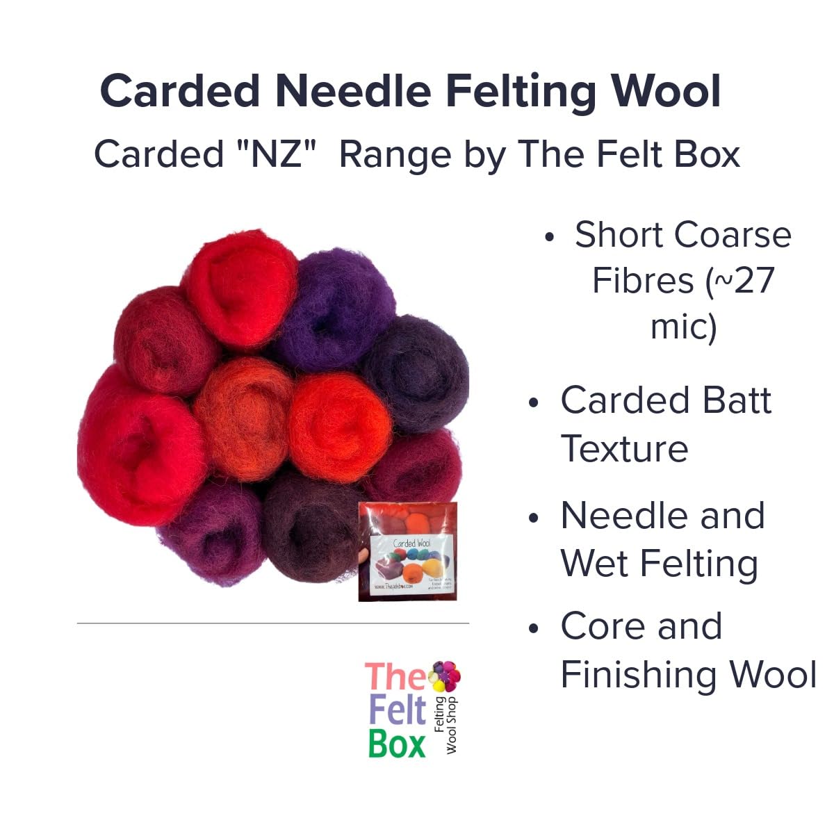 The Felt Box Roving Wool Red for Felting – 100g Carded Batts (3.5oz) Core & Craft Wool