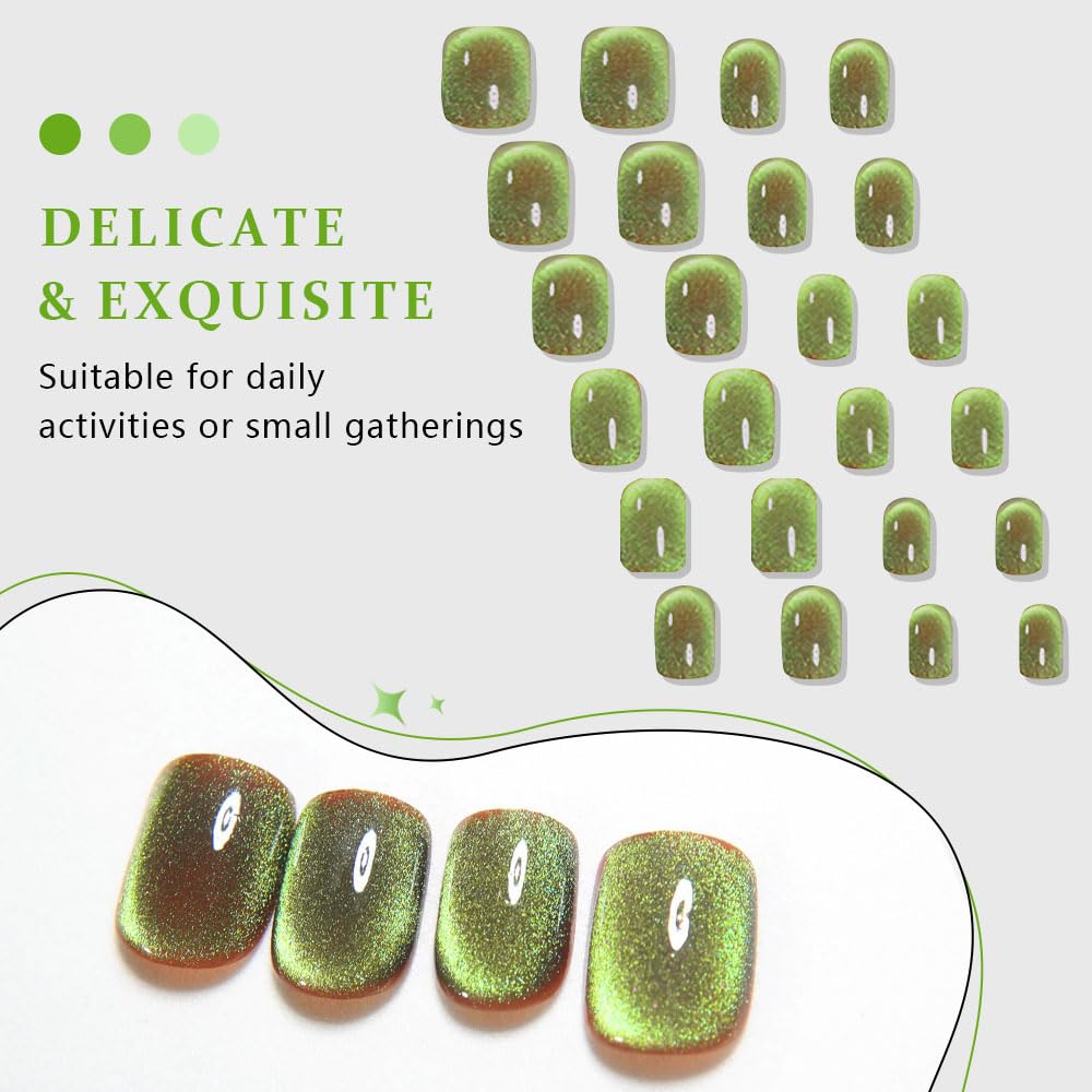 evpct Light Green Cat Eye Extra Short Press on Nails Square No Glue, Petite Short Square Stick on Nails for Women, Light Green Metallic Glitter Glossy Reusable Press on Acrylic Fake Nail with Designs