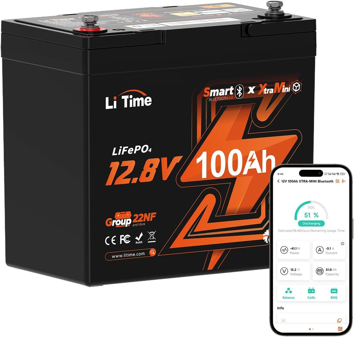 LiTime 12V 100Ah Xtra-Mini Bluetooth Small LiFePO4 Battery (4)