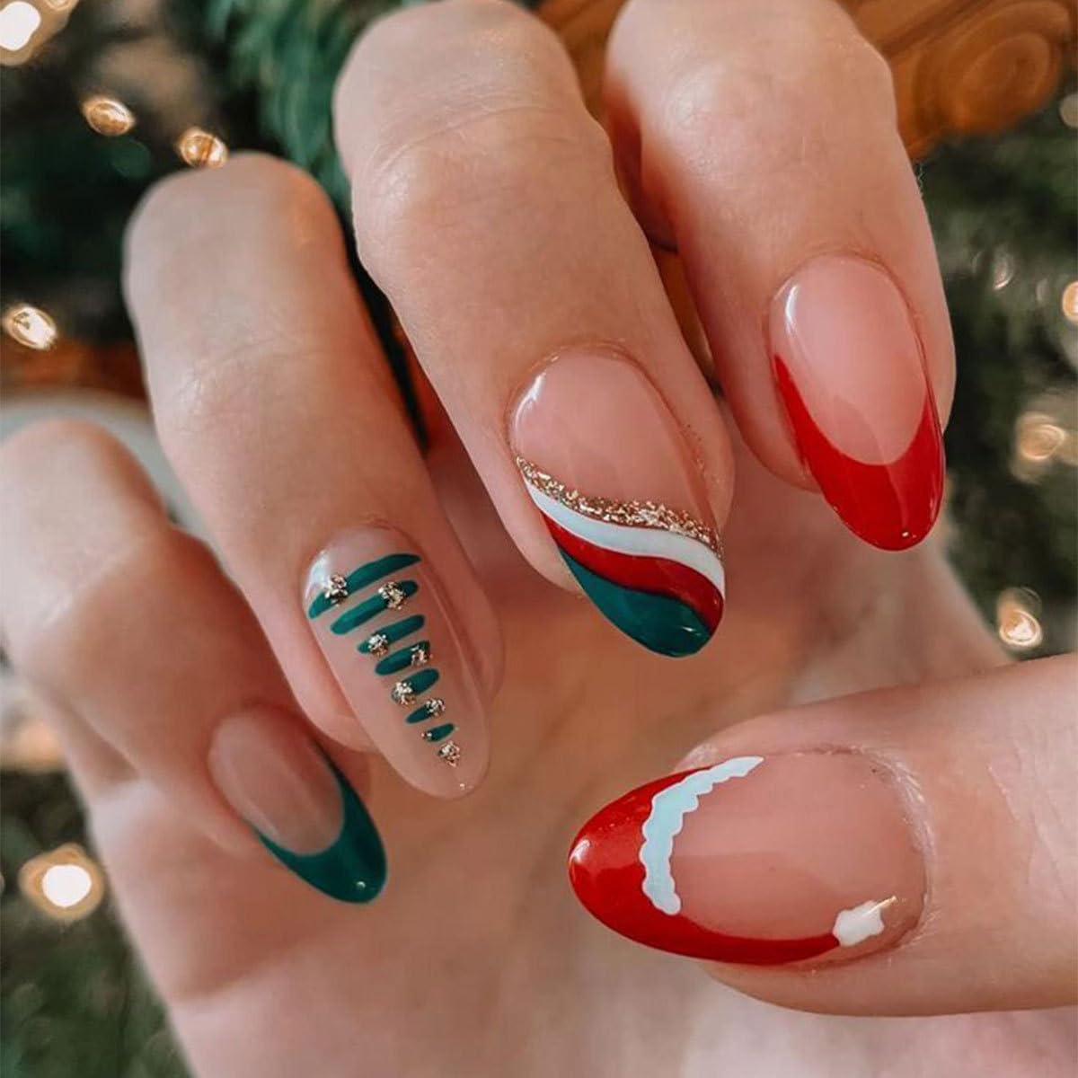 Christmas Almond Press on Nails Medium French Tip Fake Nails with Tree Designs Red Hat Tip Christmas Stick on Nails Gold Line Christmas Glue on Nail Full Cover Glossy False Nails for Women