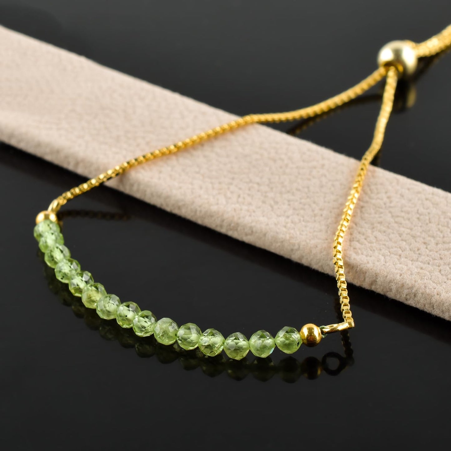 InfinityGemsArt Peridot Bracelets For Women August Birthstone Jewelry Micro Green Beads Beaded Stone Bolo Slider Crystals Gemstones Bracelet, 14K Gold Plated Adjustable Chain
