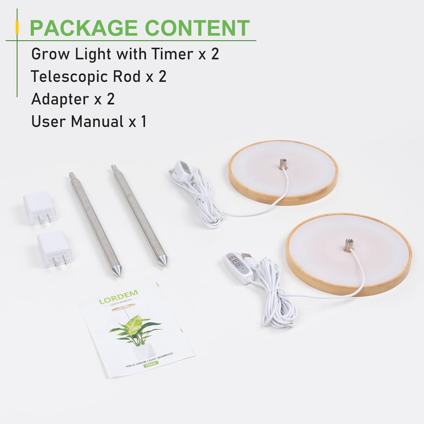 LORDEM Bamboo Grow Light for Indoor Plants, Full Spectrum LED Plant Grow Light, Height Adjustable Growing Lamp with Auto Timer 4H/8H/12H, 4 Dimmable Levels, Ideal for Large Tall Plants, 2 Pack