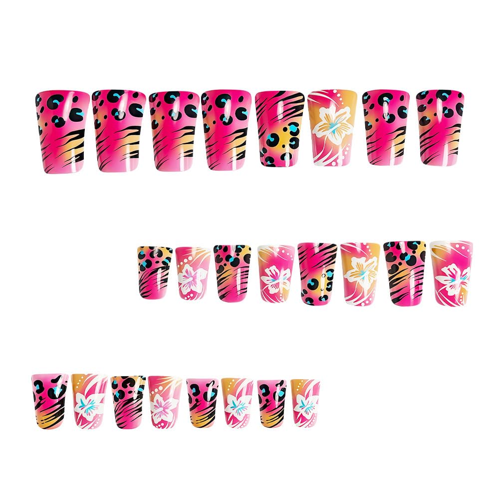 IMSOHOT Pink Press on Nails Medium Duck Fake Nails Glossy Glue on Nails with Flower & Leopard Print Designs Full Cover Summer Acrylic Duckbill False Nails for Women Girls Manicure Decoration