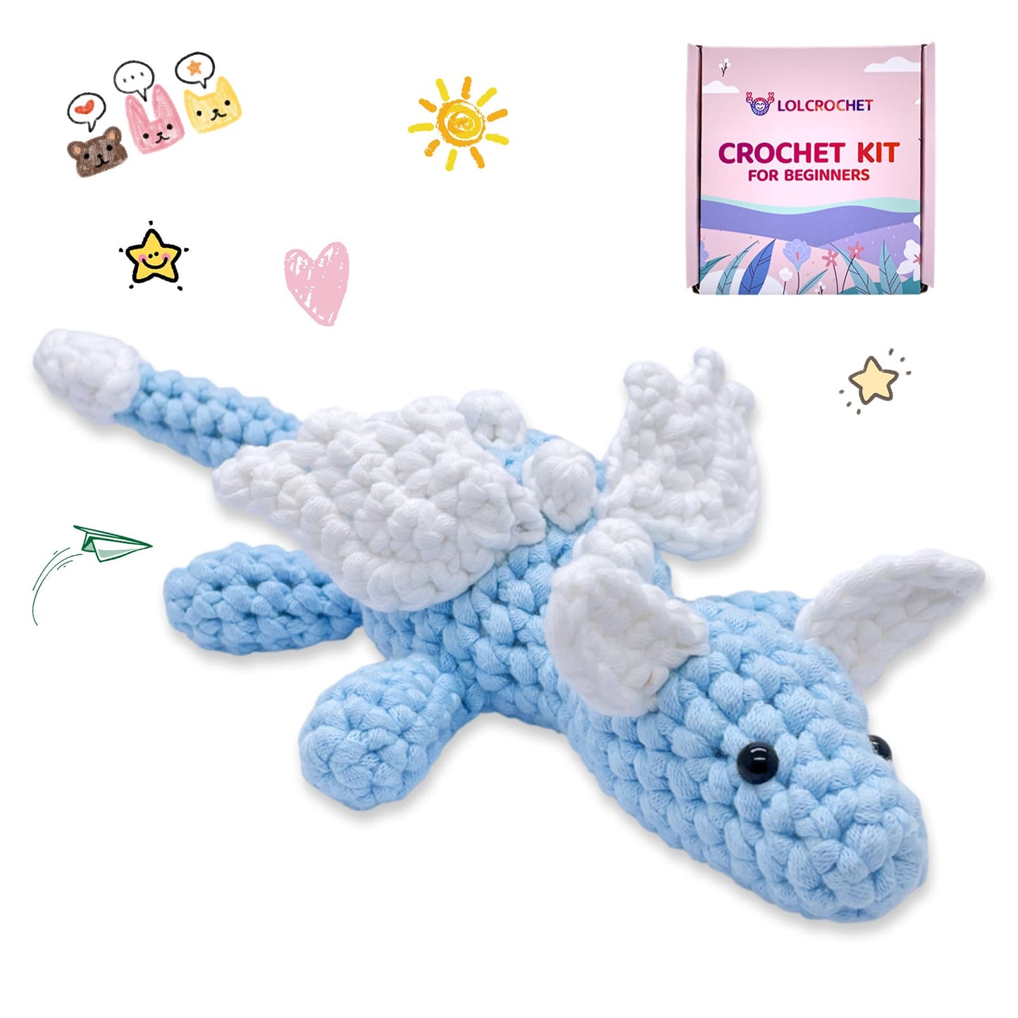 Cute Dragon Crochet Kit for Beginners, Learn to Crochet Starter Set with Step-by-Step Video Tutorial & Crocheting Manual, Easy Yarn Knitting Kit for Adult, Stuffed Animal Doll for Xmas Gift