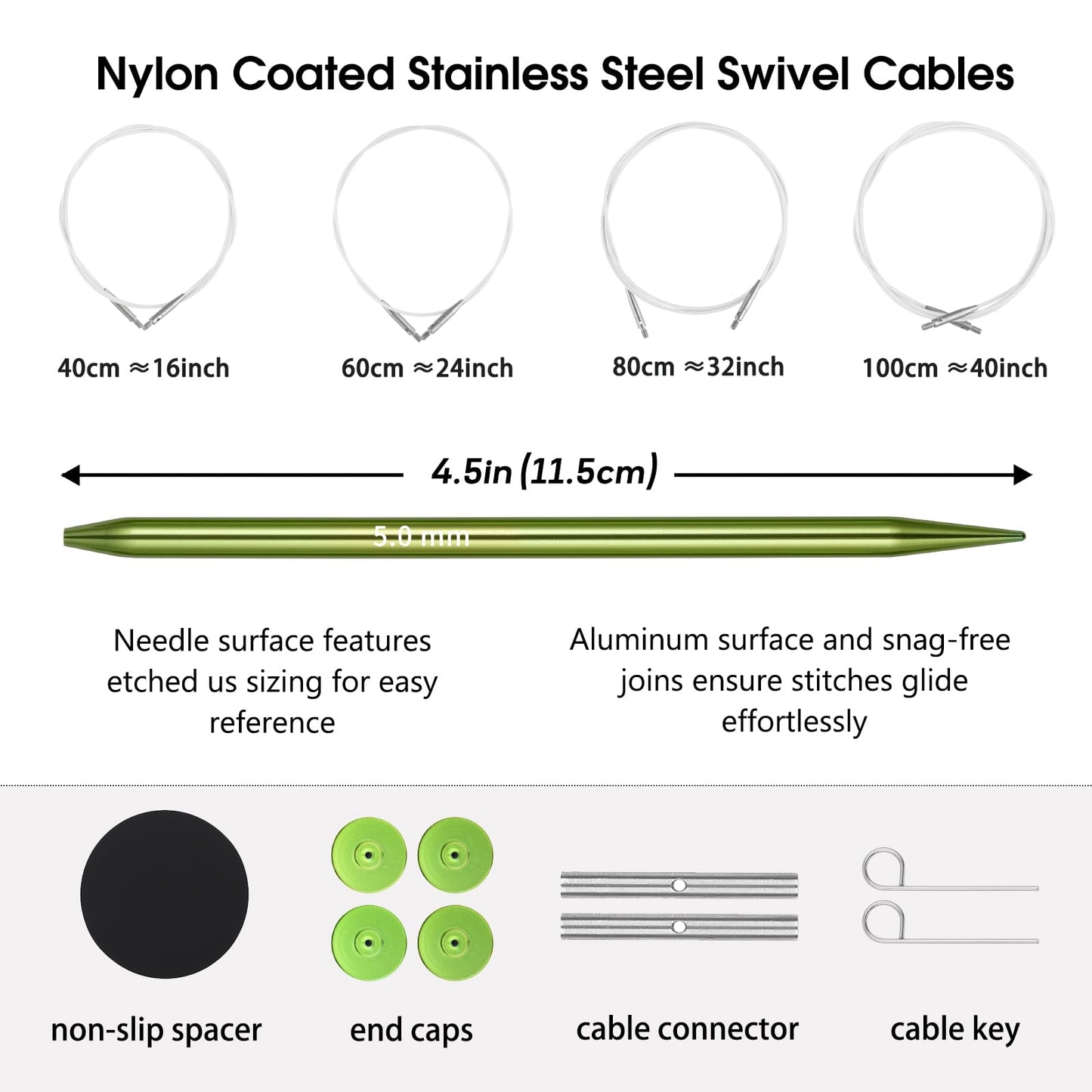 Interchangeable Circular Knitting Needles Set,10-Pair 4.5-Inch Metal Circular Needles US1,1.5,2,2.5,3,4,5,6,7,8 (Metric:2.2,2.5,2.75,3.0,3.25,3.5,3.75,4.0,4.5,5.0mm) with 4 Cords with Project Bag