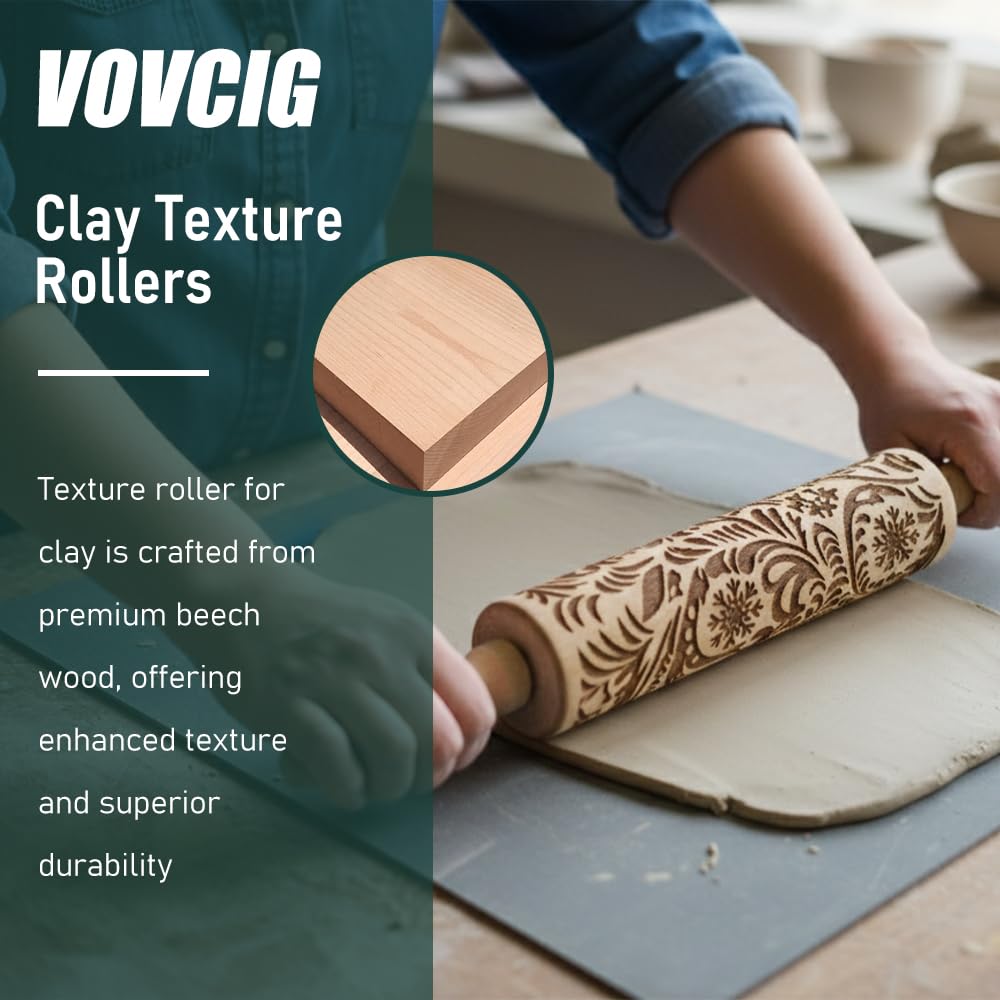 VOVCIG Clay Texture Rollers, Snowflake Vine Patterns Wooden Texture Roller for Clay, Suitable for DIY Pottery, DIY Clay Texture, and Handicrafts