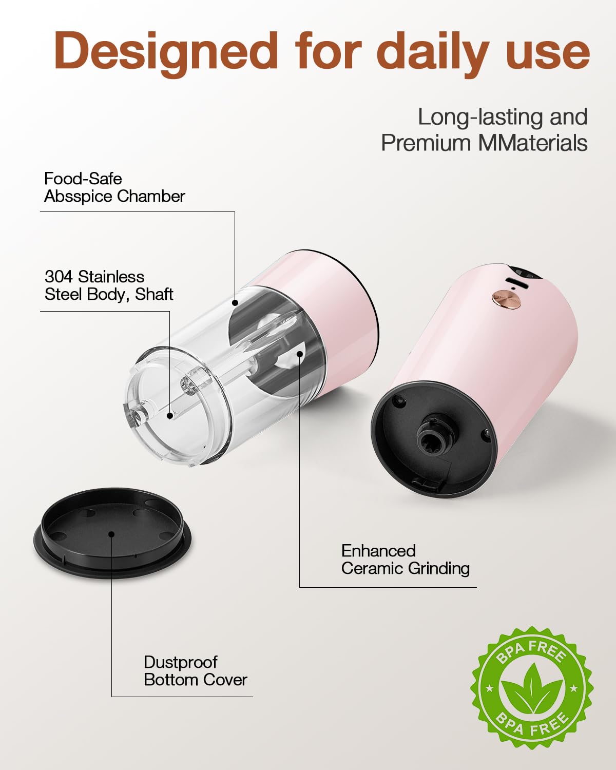 Gravity Electric Salt and Pepper Grinder Set 2-Pack, USB-C Rechargeable with LED Light, Automatic Stainless Steel Mills for Kitchen, BBQ, Dining Table & Gifts - Petal Pink