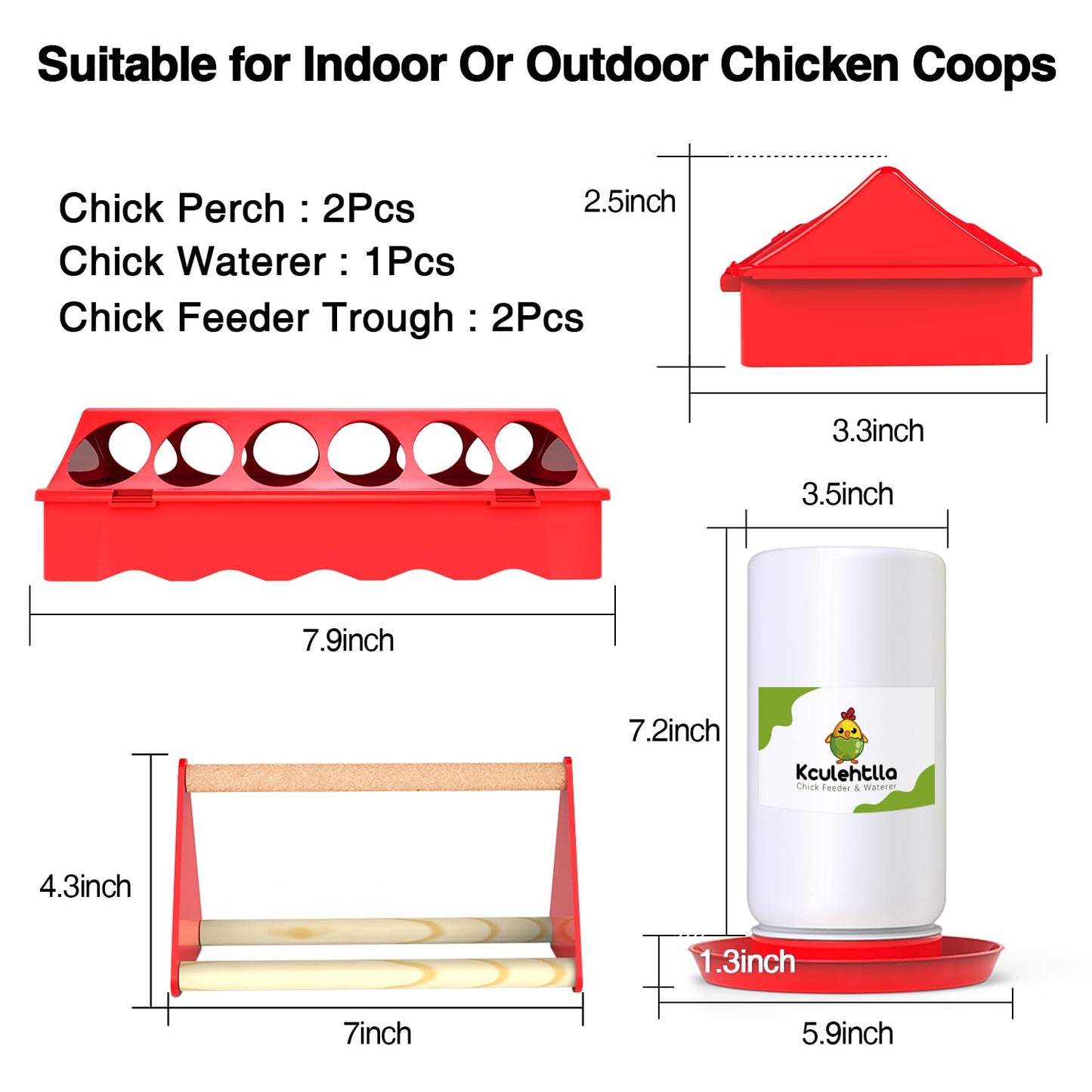 Kculehtlla Chick Feeder and Waterer Kit - Baby Chicken Supplies with Chicks Perch, Plastic Feeder Trough and 1.2L Waterer, Chicken Starter Kit for Coop and Brooder for Small Poultry Ducks Quail