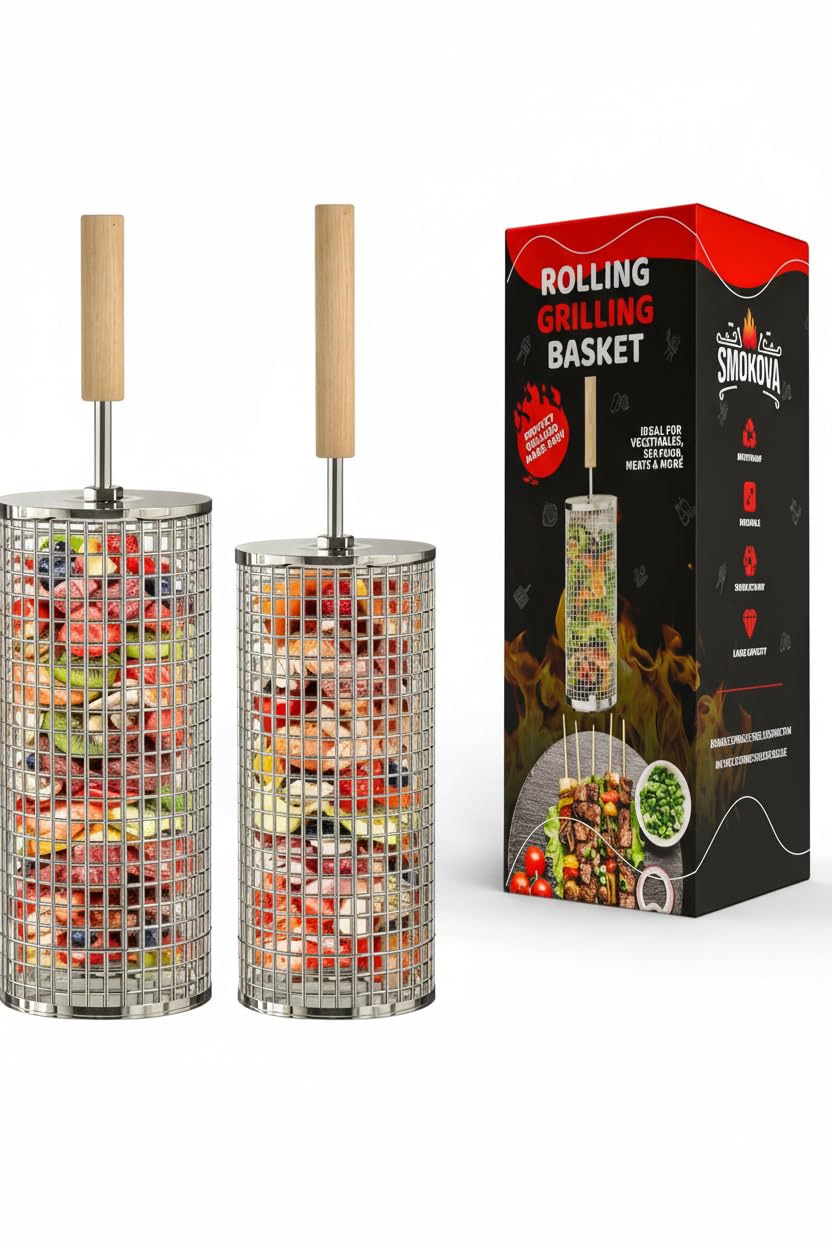 Smokova Rolling Grill Basket for Veggies (2 PCS) | 304 Stainless Steel Grill Baskets for Outdoor Grill with Removable Wooden Handle | BBQ Baskets for Grilling | Vegetable Grill Basket