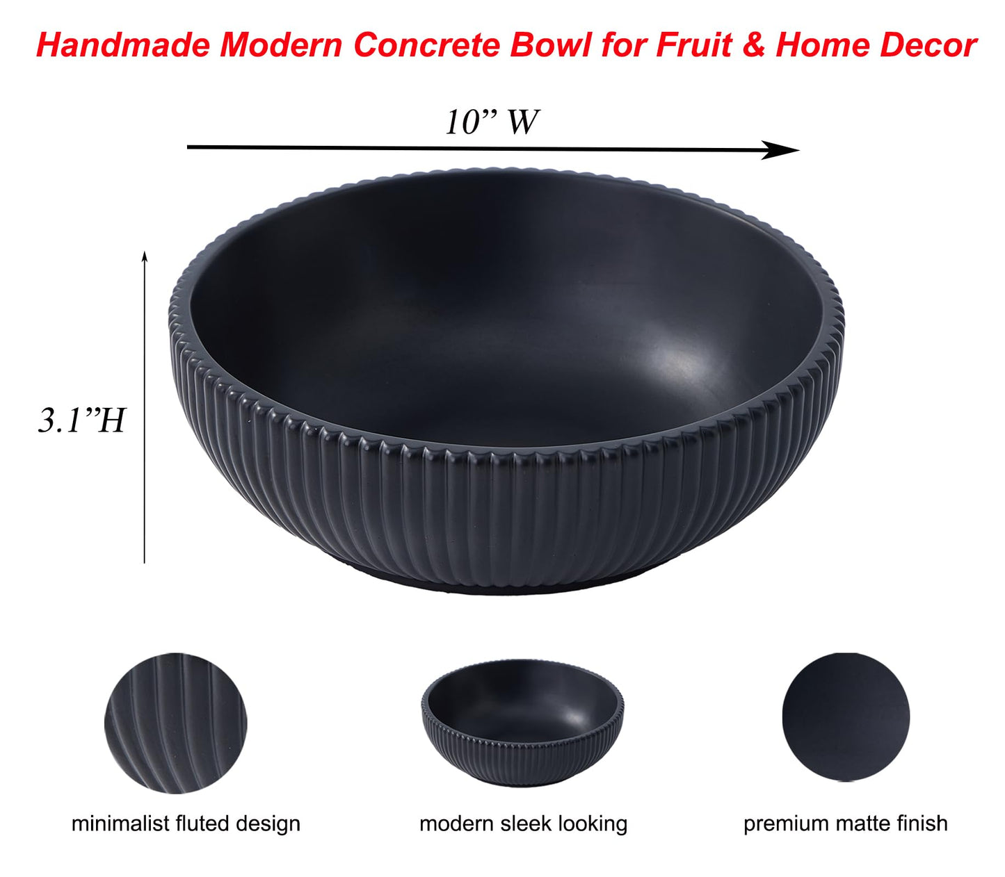 Aotea Crafts - Concrete Black Fruit Bowl for Kitchen Counter - Decorative Modern Industrial, Minimalist Fruit & Centerpiece Bowl - Sealed & Durable - Handcrafted -10 inch