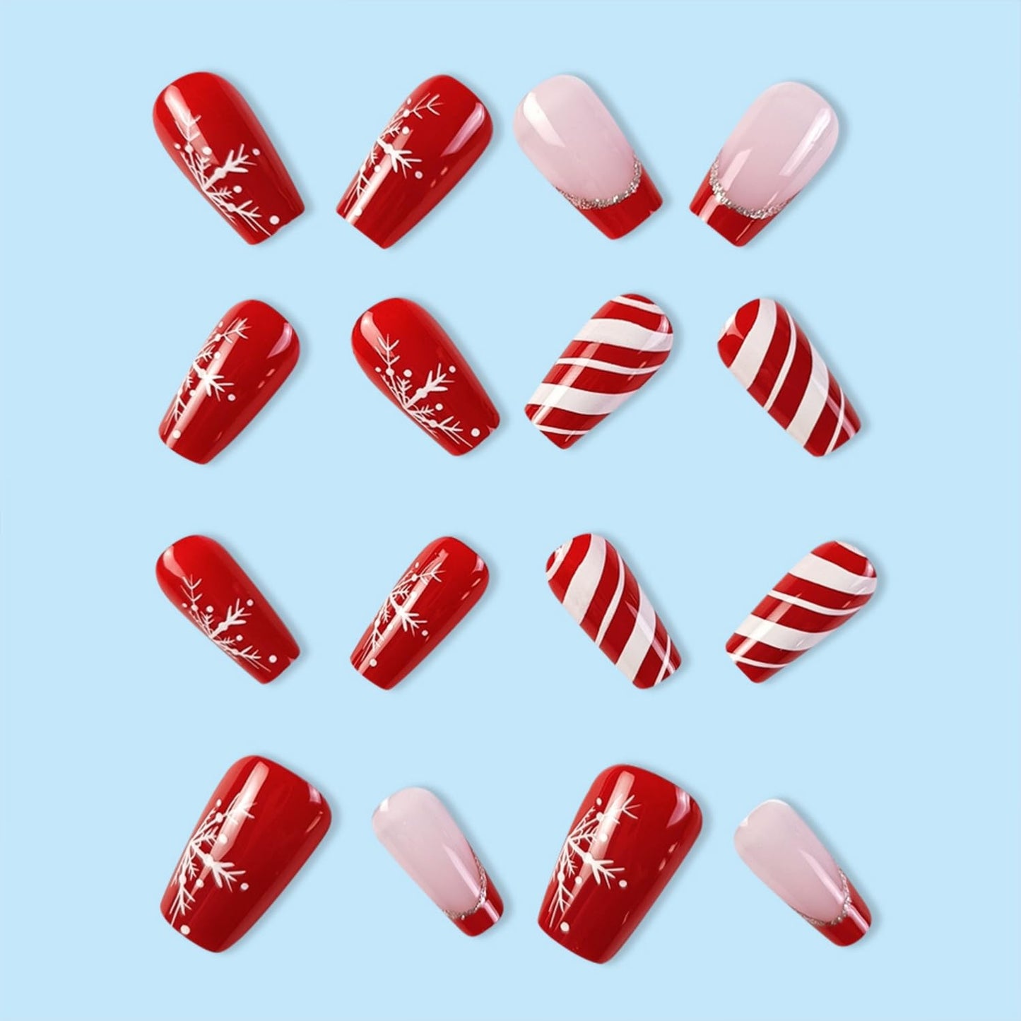 Winter Holiday Press on Nails Medium Christmas Fake Nails with Stripe Snowflake Design Red Christmas False Nails Xmas Acrylic Nails Glossy Full Cover Stick on Nails for Women Girls 24Pcs