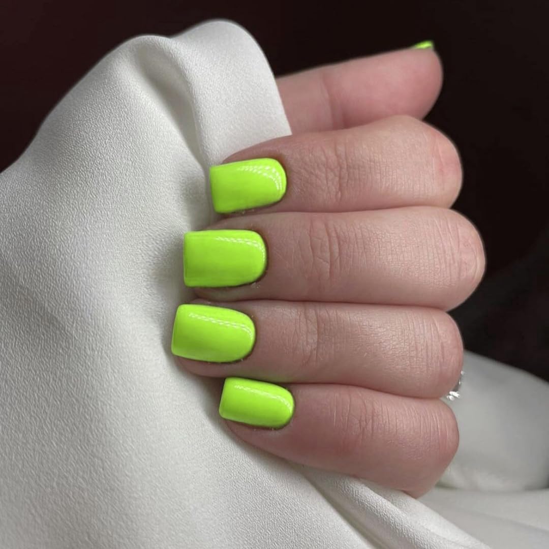 Neon Green Press on Nails Short Square, Acrylic Fake Nails Glue on Short Square Nails Press ons, Soft Gel Glue on Nail Stick on for Women Thick Solid Color 24pcs
