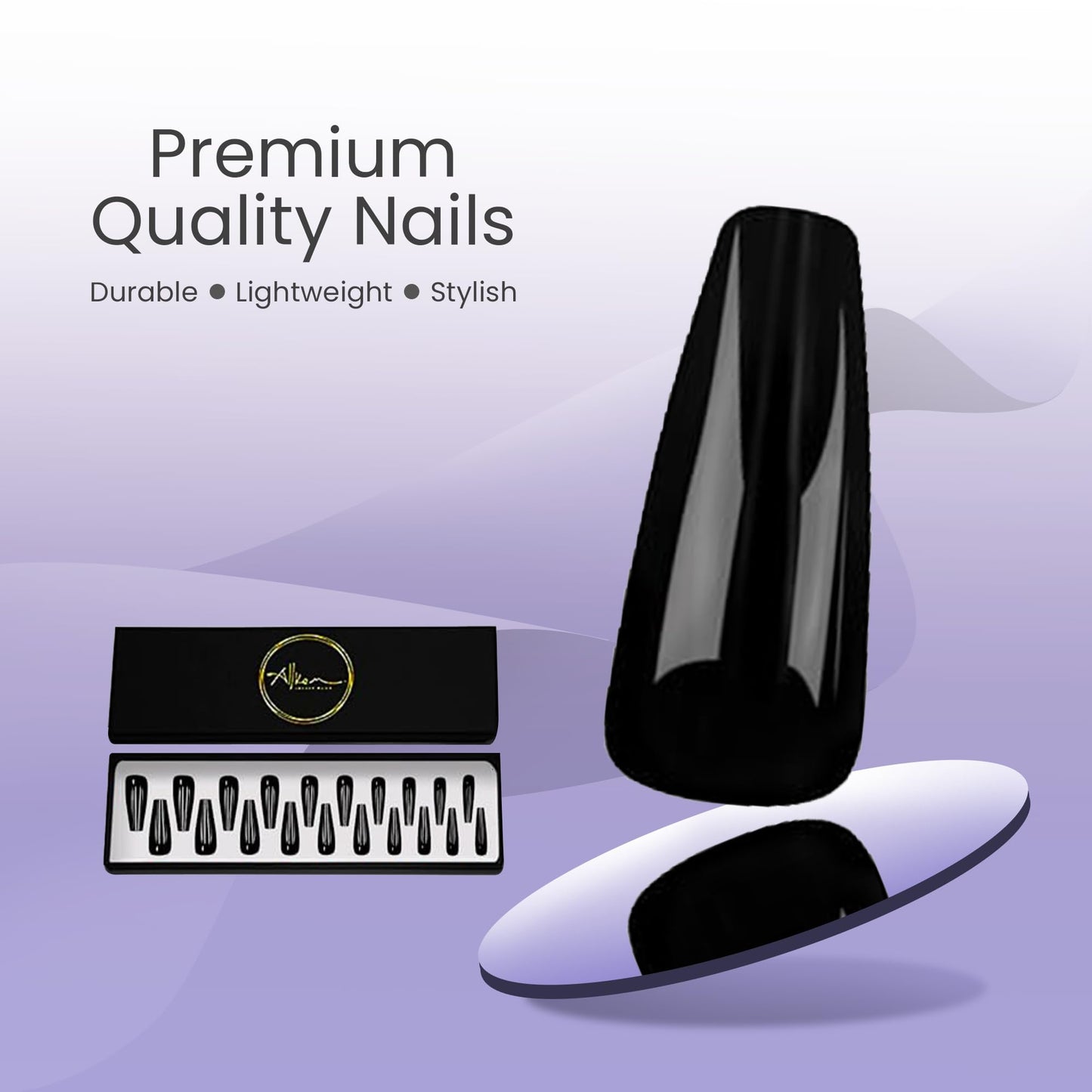 Allkem Coffin Press on Nails Extra Long Ballerina (20 Pieces) - Glossy Nail Extensions Kit - 10 Sizes Glue on Fake Nails (Black)