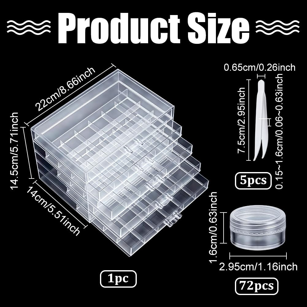 TWINKLEMON 5-Layer Plastic Compartment Storage Box Nail Charm Organizer Box with 5 Drawers 72 Small Round Jars 5 Tweezers Transparent Organizer for Crafts Art Supply Nail Tip Bead Earring Ring