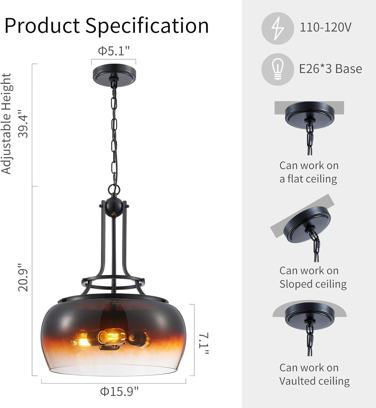 WUZUPS Chandelier Rustic Farmhouse Industrial Round Ceiling Pendant LED Light Fixture with Amber Gradient Black Glass Shade for Dining Room Kitchen Island Foyer Entryway, H 20.9" W 15.9", E26 Base